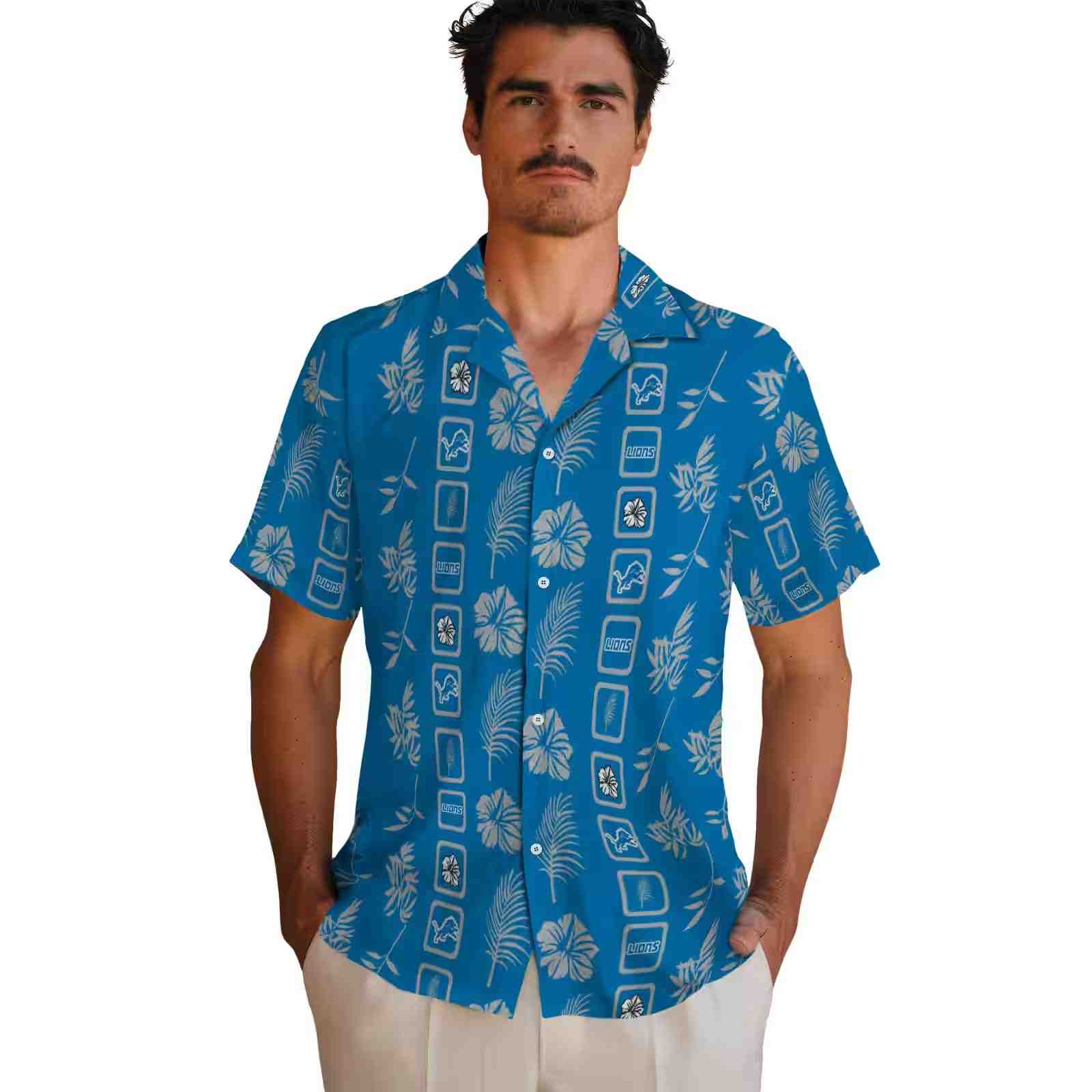 detroit lions framed floral blue hawaiian shirt fashion forward