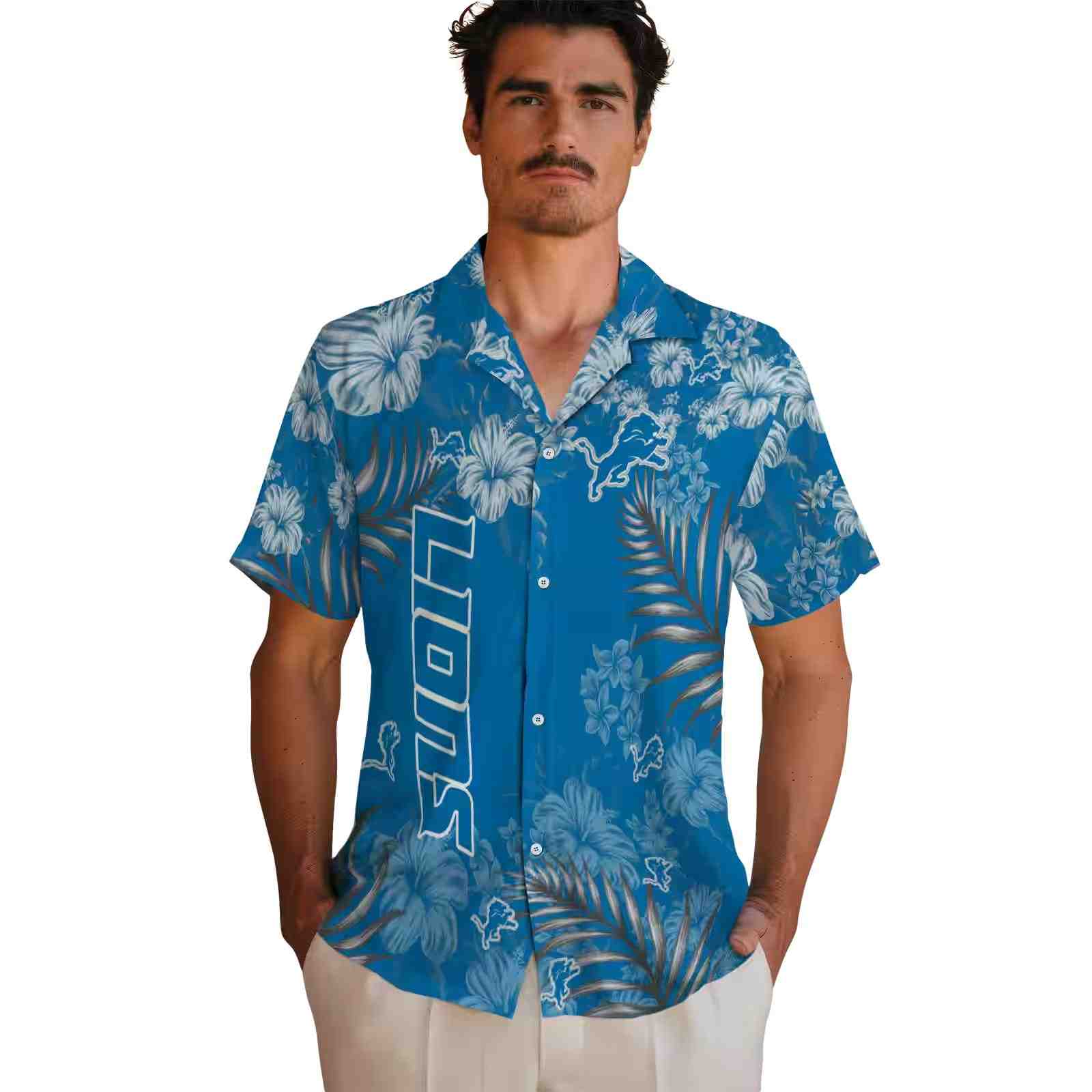 detroit lions hibiscus print blue hawaiian shirt fashion forward