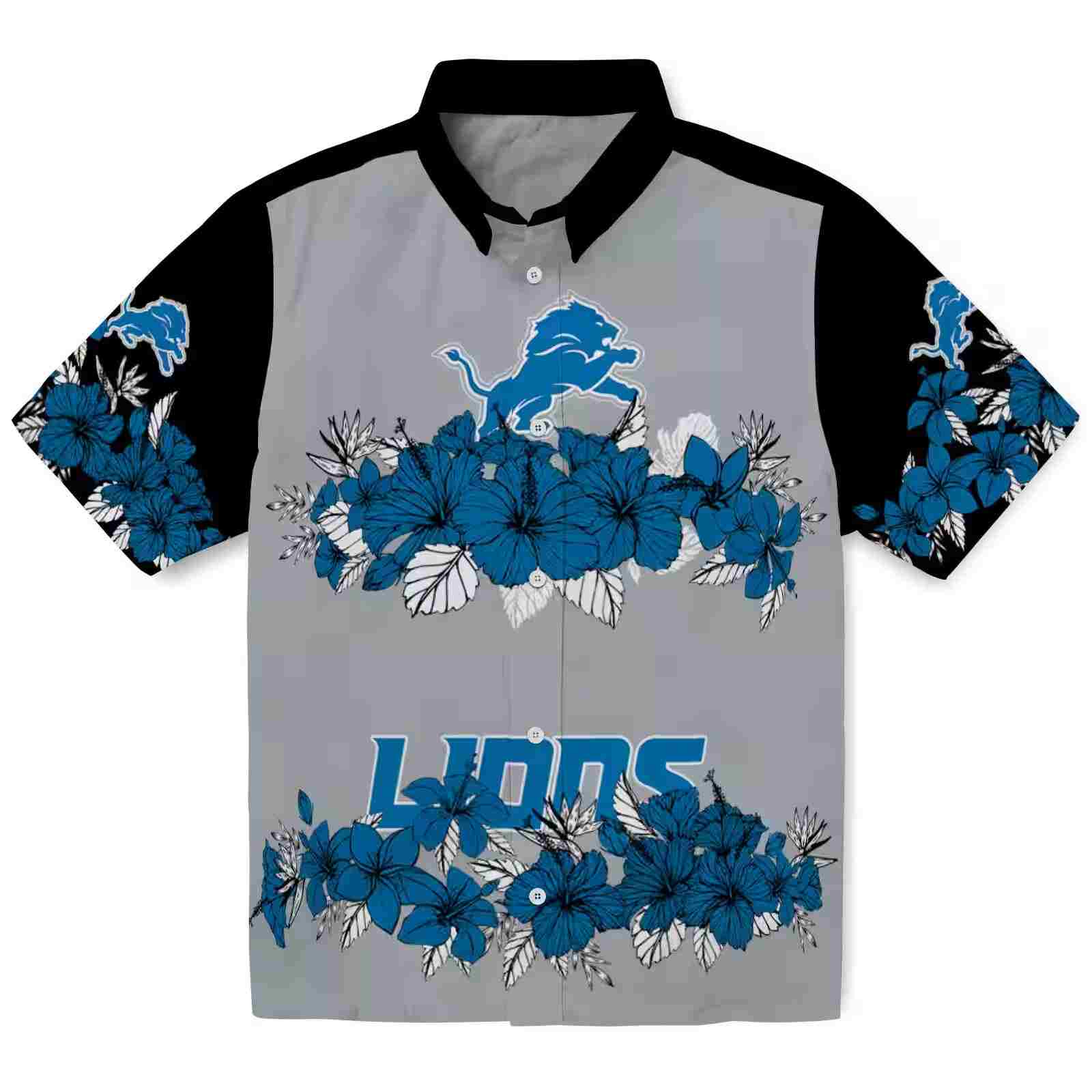 Detroit Lions Hibiscus Stripe Blue Black Hawaiian Shirt