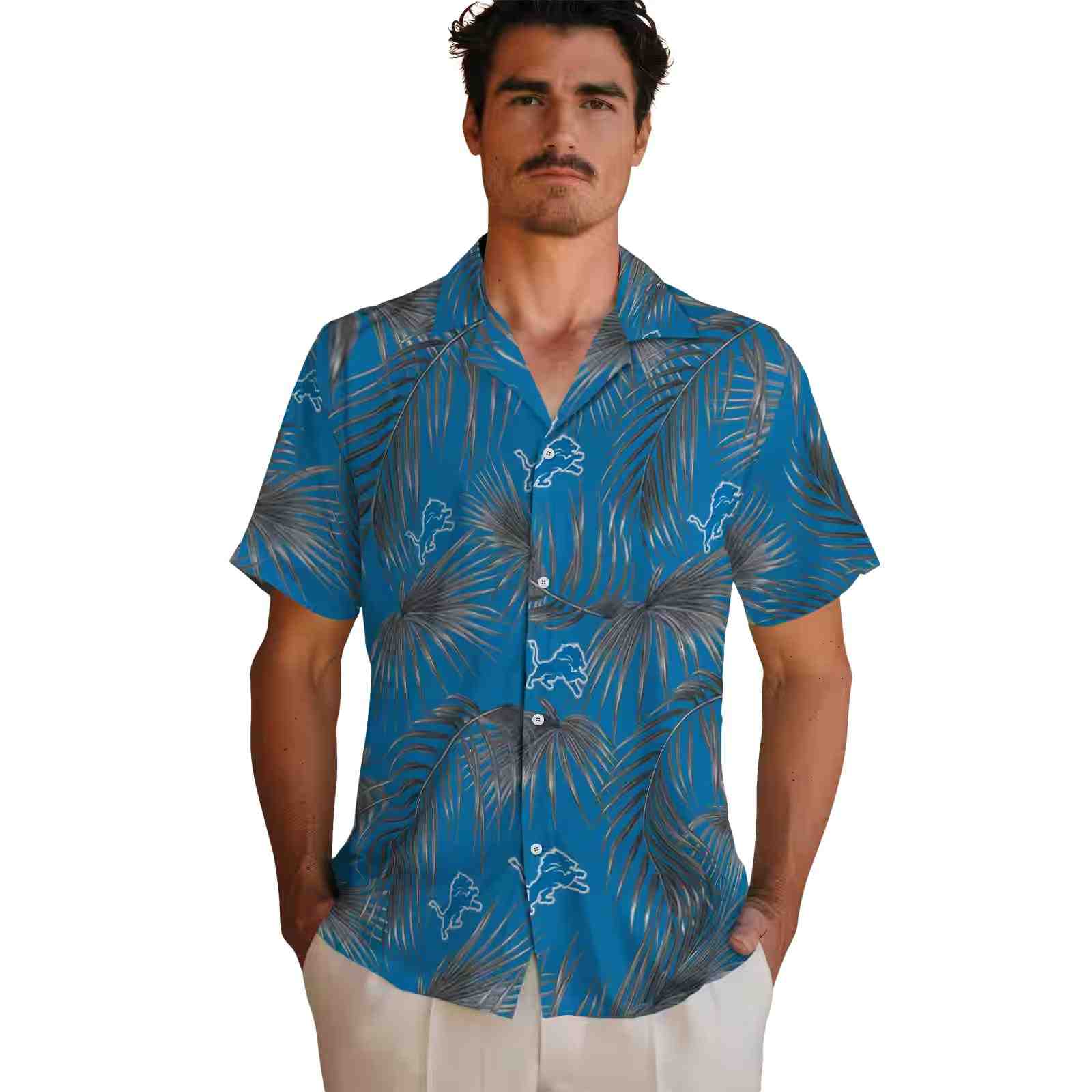 detroit lions leafy palms blue hawaiian shirt fashion forward