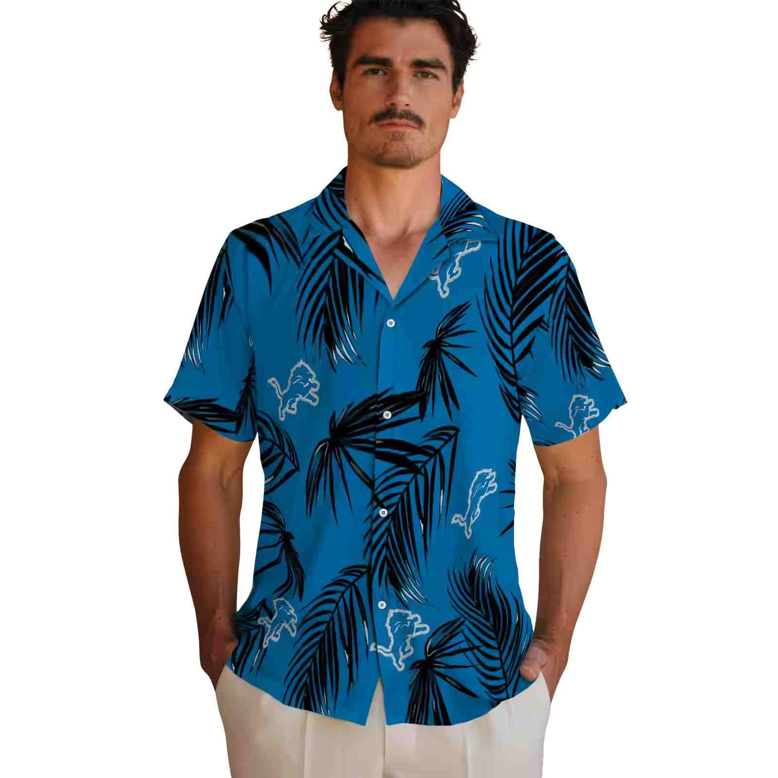 detroit lions palm leaf blue hawaiian shirt fashion forward