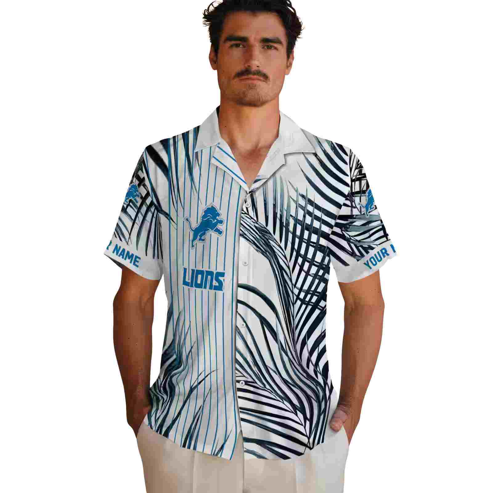 detroit lions palm stripes blue black white hawaiian shirt fashion forward