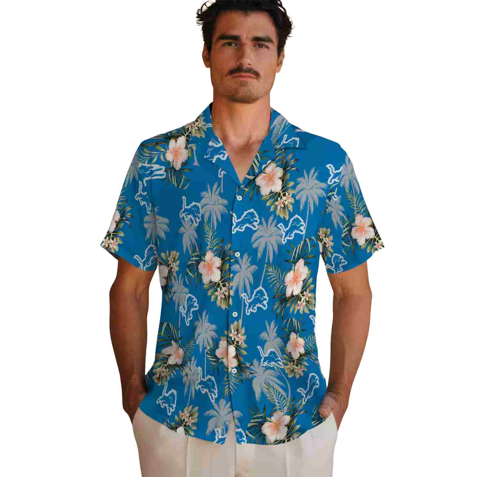 detroit lions palm tree flower blue hawaiian shirt fashion forward