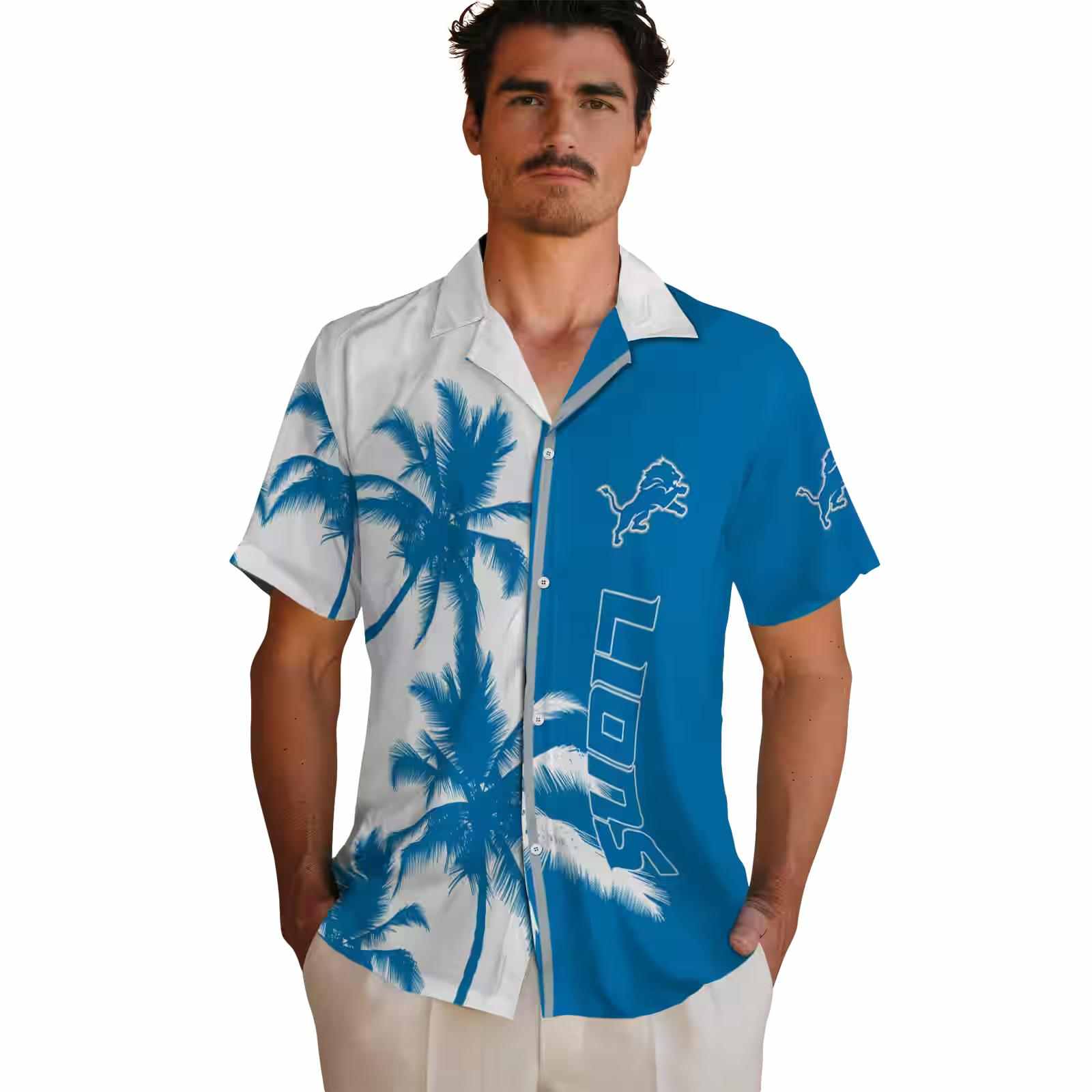 detroit lions palm trees blue white hawaiian shirt fashion forward