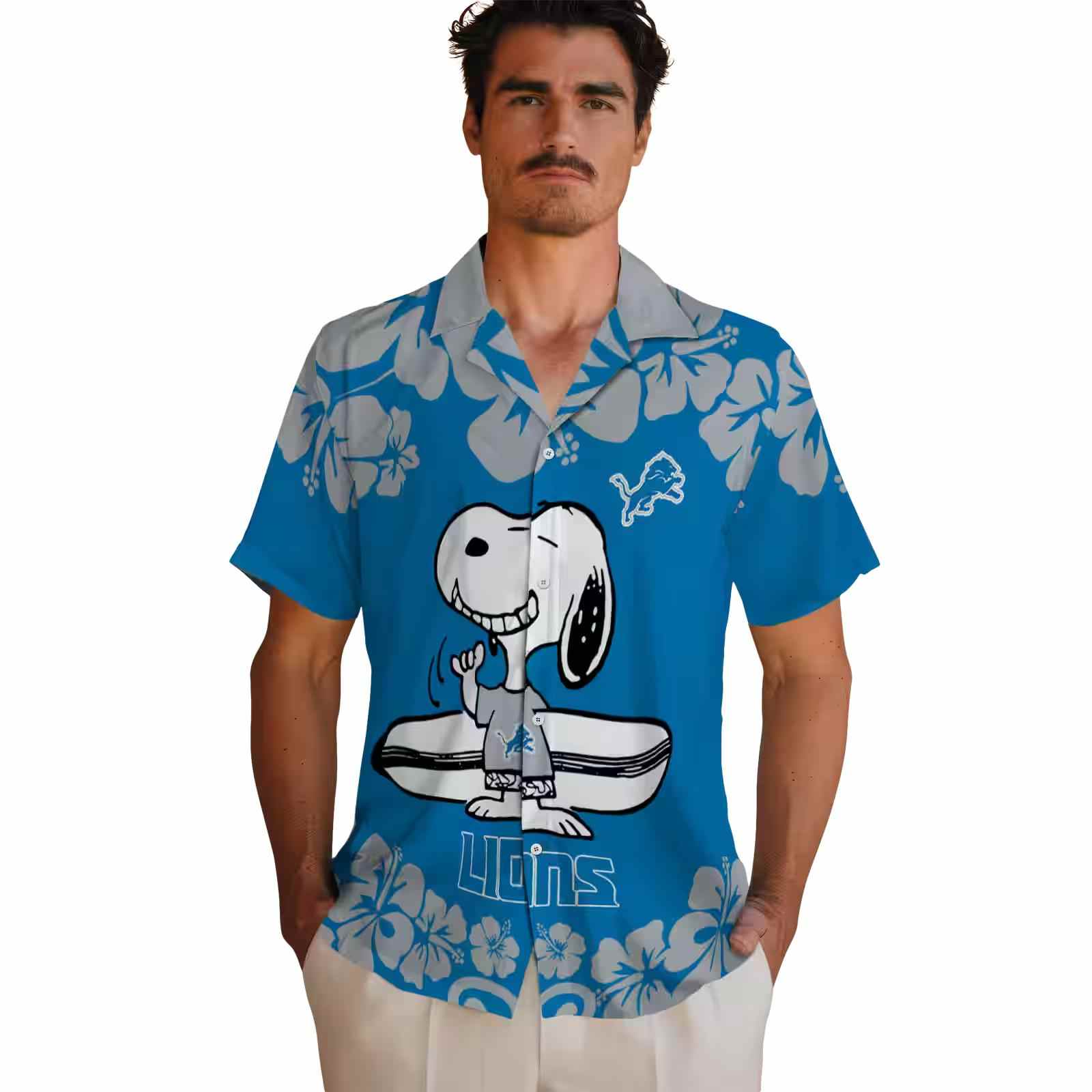 detroit lions snoopy surf blue white hawaiian shirt fashion forward