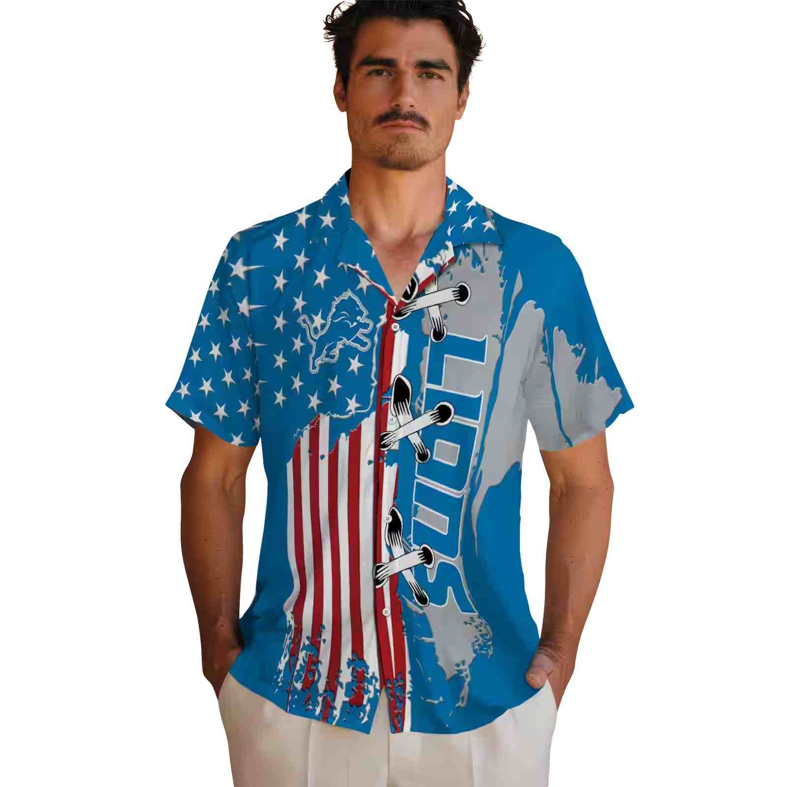 detroit lions stitched flag blue hawaiian shirt fashion forward