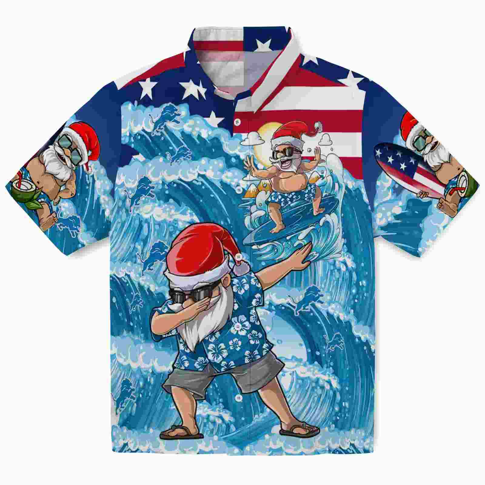 Detroit Lions Surfing Santa Blue Hawaiian Shirt