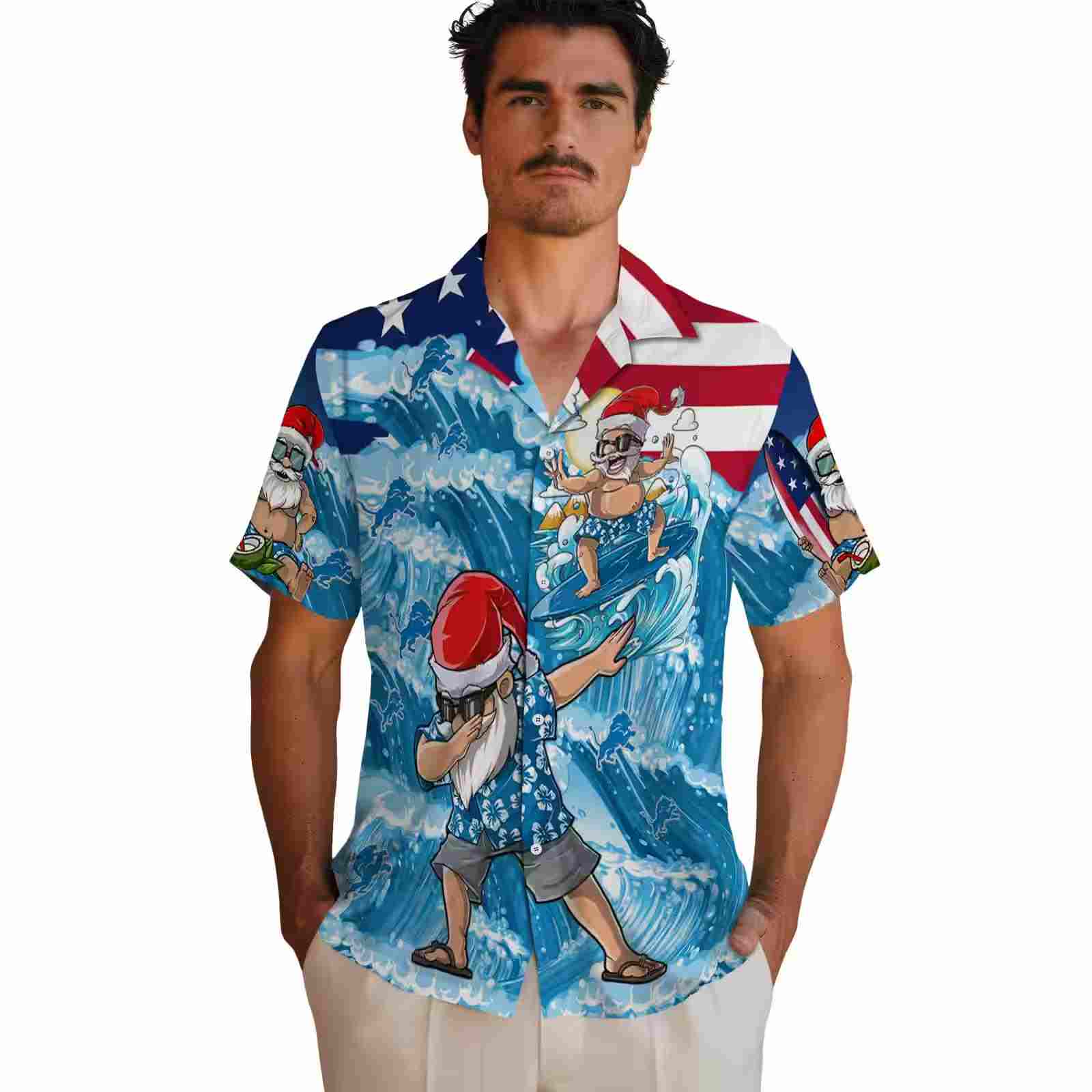 detroit lions surfing santa blue hawaiian shirt fashion forward