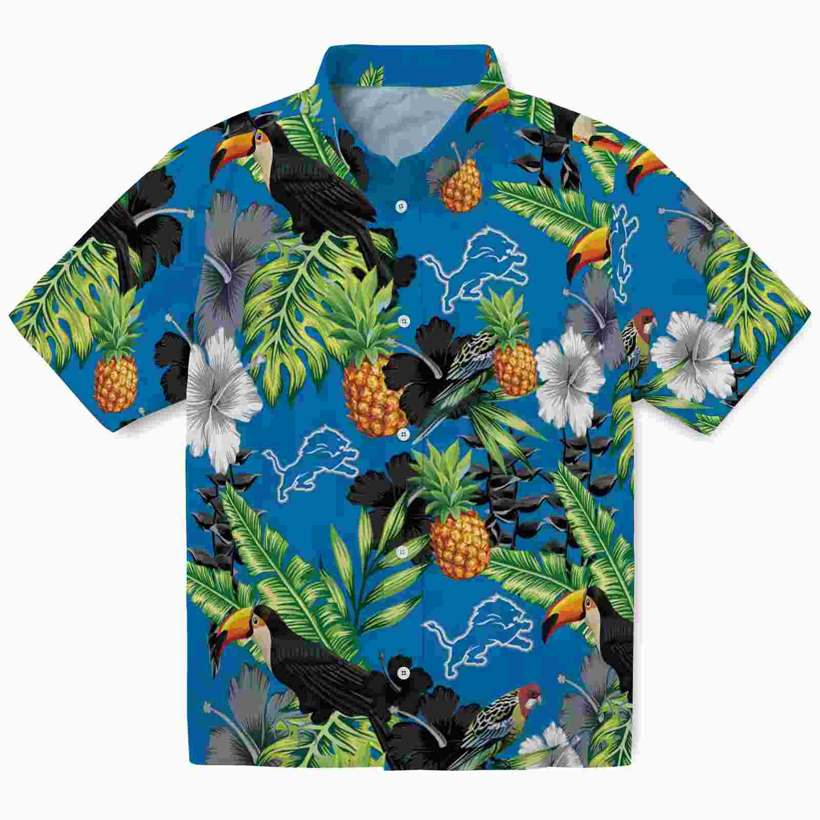 Detroit Lions Toucan Hibiscus Pineapple Blue Green Hawaiian Shirt