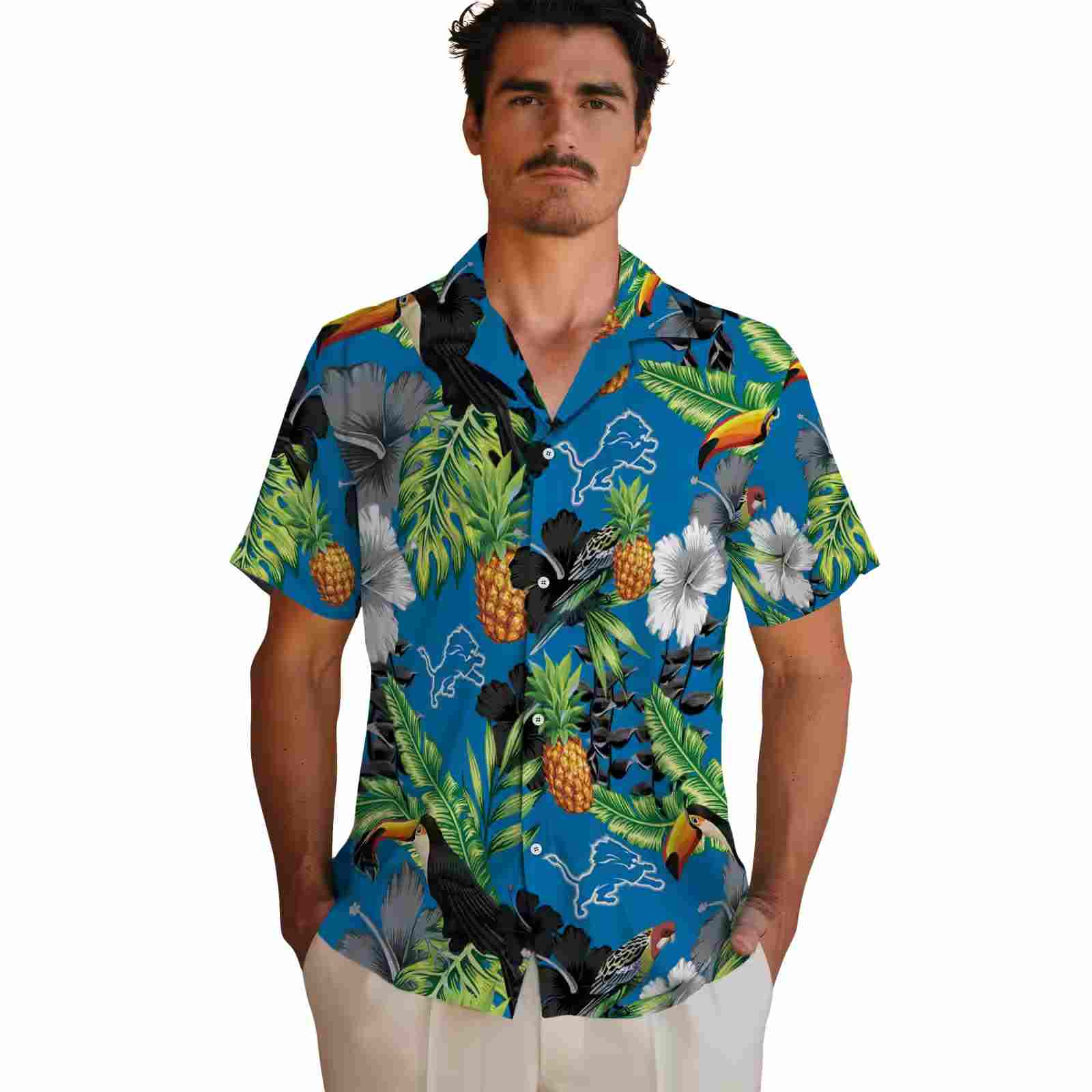 detroit lions toucan hibiscus pineapple blue green hawaiian shirt fashion forward