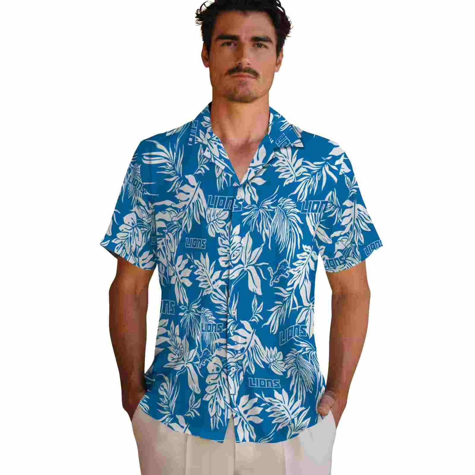 detroit lions tropical leaf blue white hawaiian shirt fashion forward