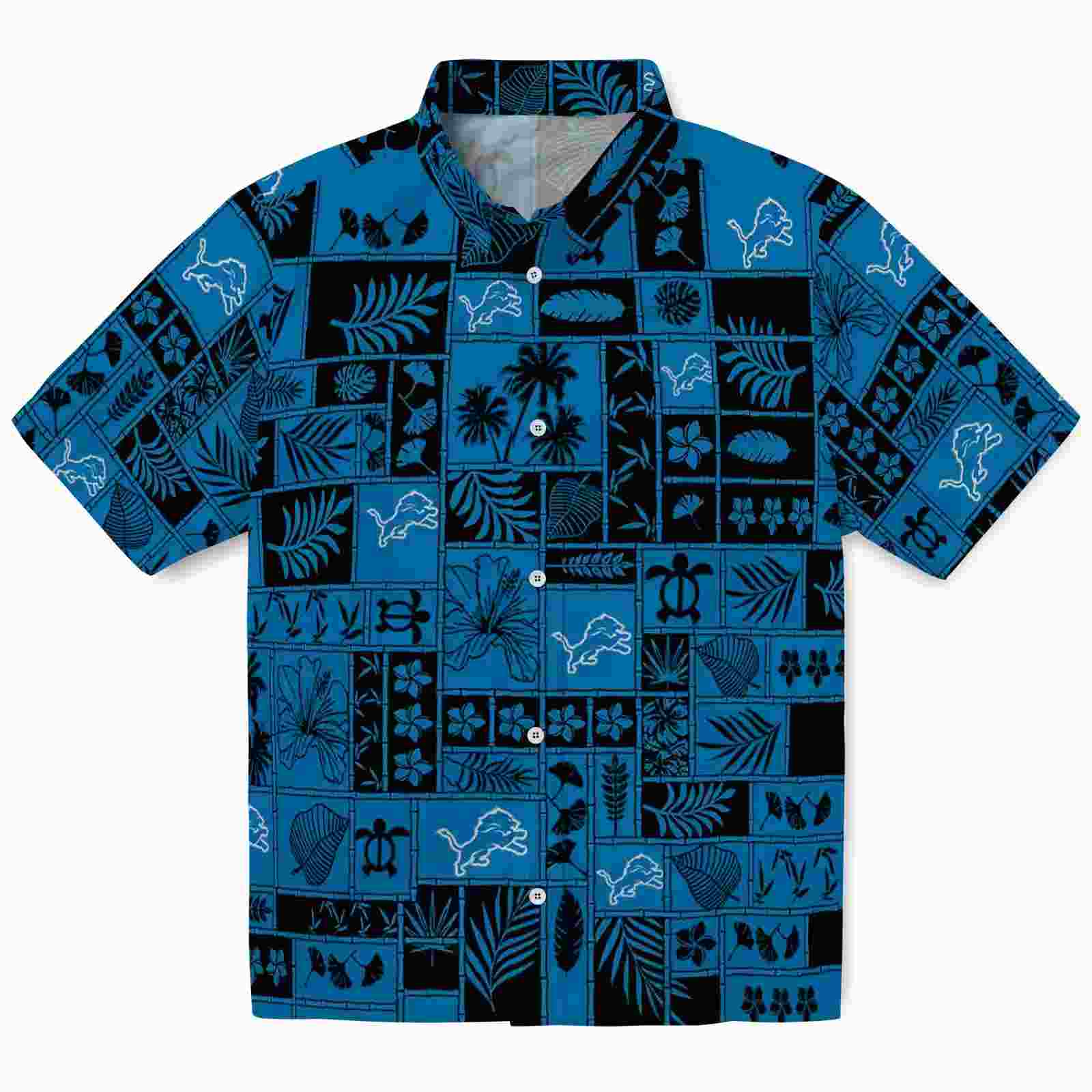 Detroit Lions Tropical Patchwork Blue Black Hawaiian Shirt