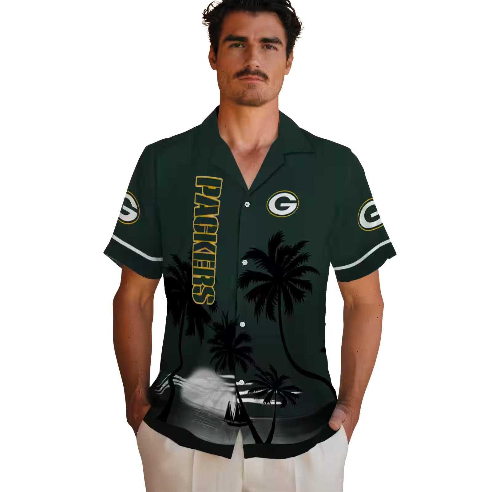 green bay packers beach sunset green black hawaiian shirt fashion forward