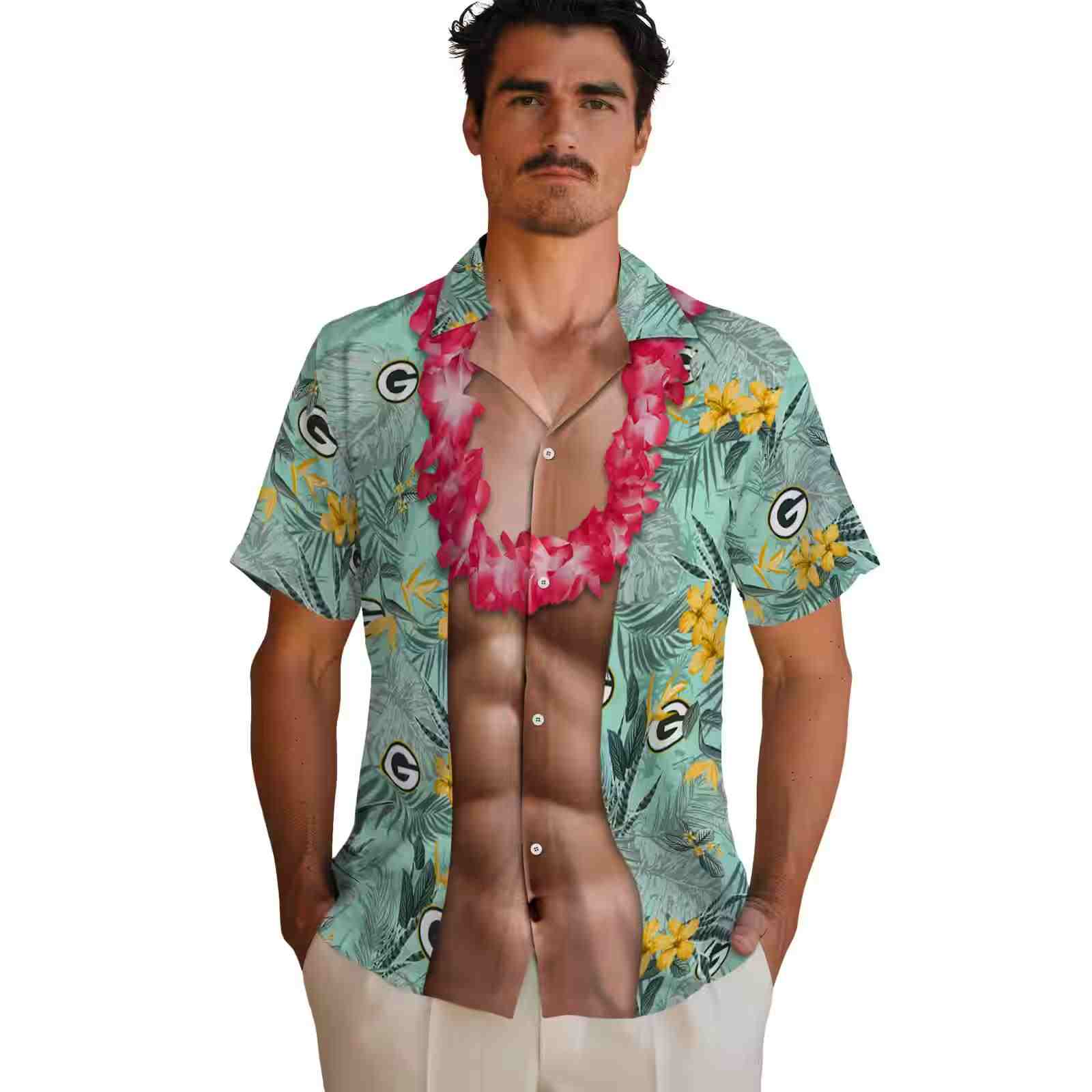 green bay packers chest illusion green hawaiian shirt fashion forward