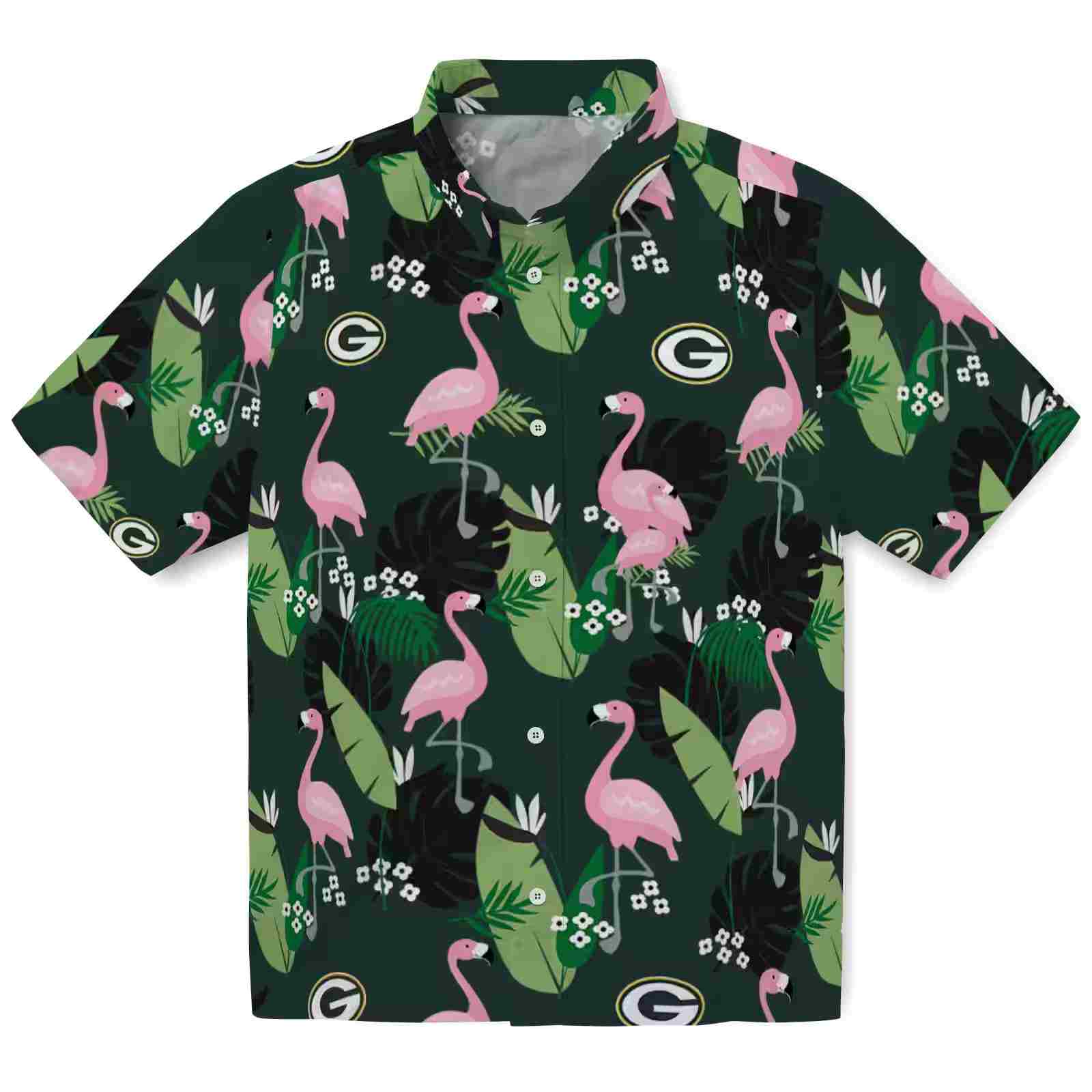 Green Bay Packers Flamingo Leaf Motif Green Hawaiian Shirt