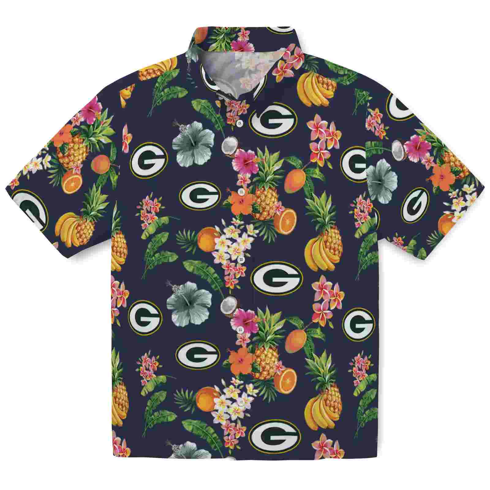 Green Bay Packers Hibiscus And Fruit Navy Blue Hawaiian Shirt