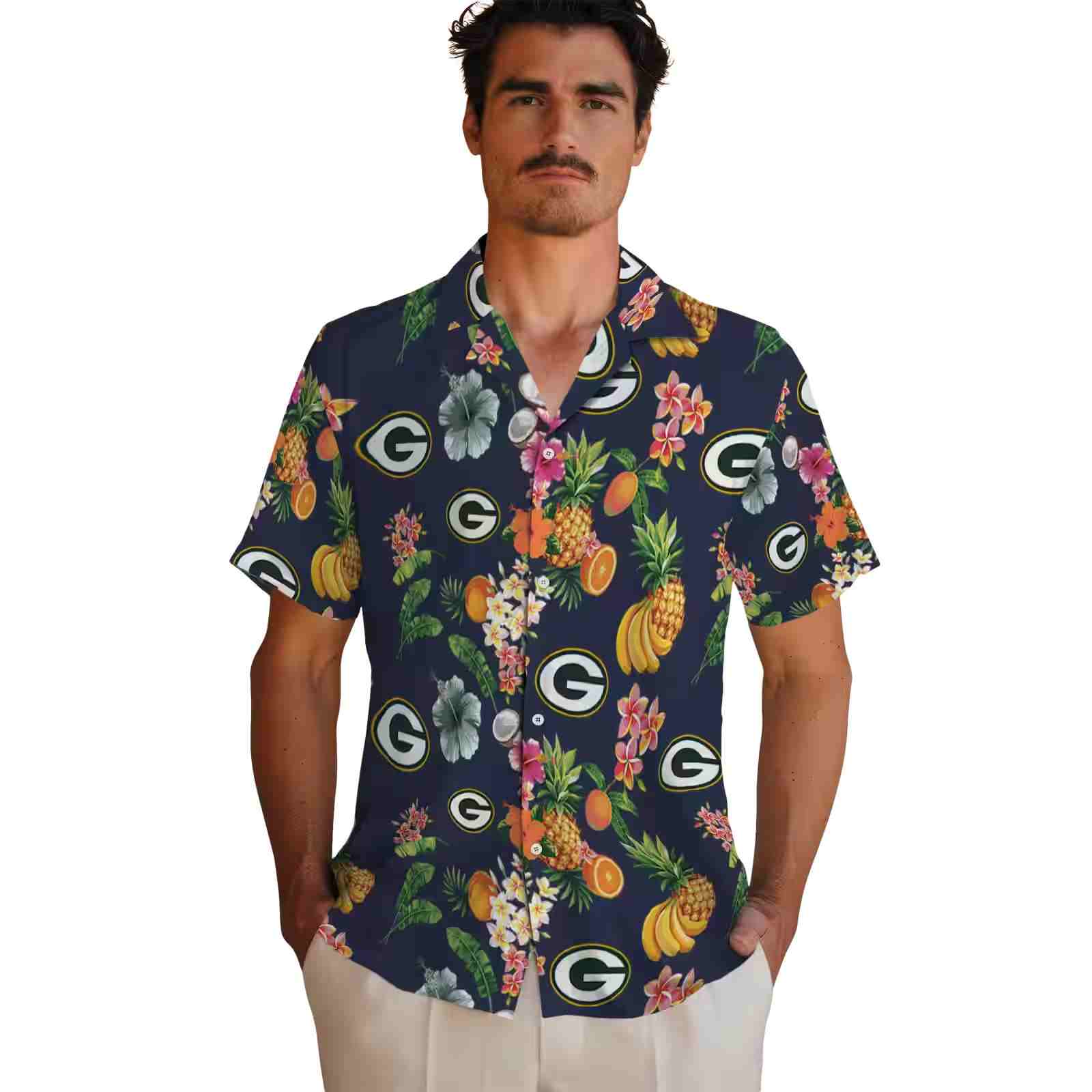 green bay packers hibiscus and fruit navy blue hawaiian shirt fashion forward