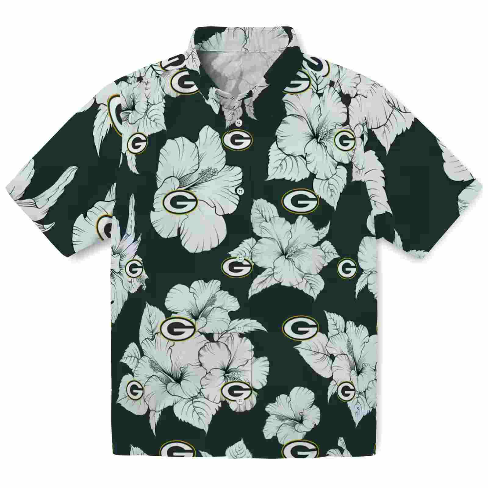 Green Bay Packers Hibiscus Blooms Green White Hawaiian Shirt