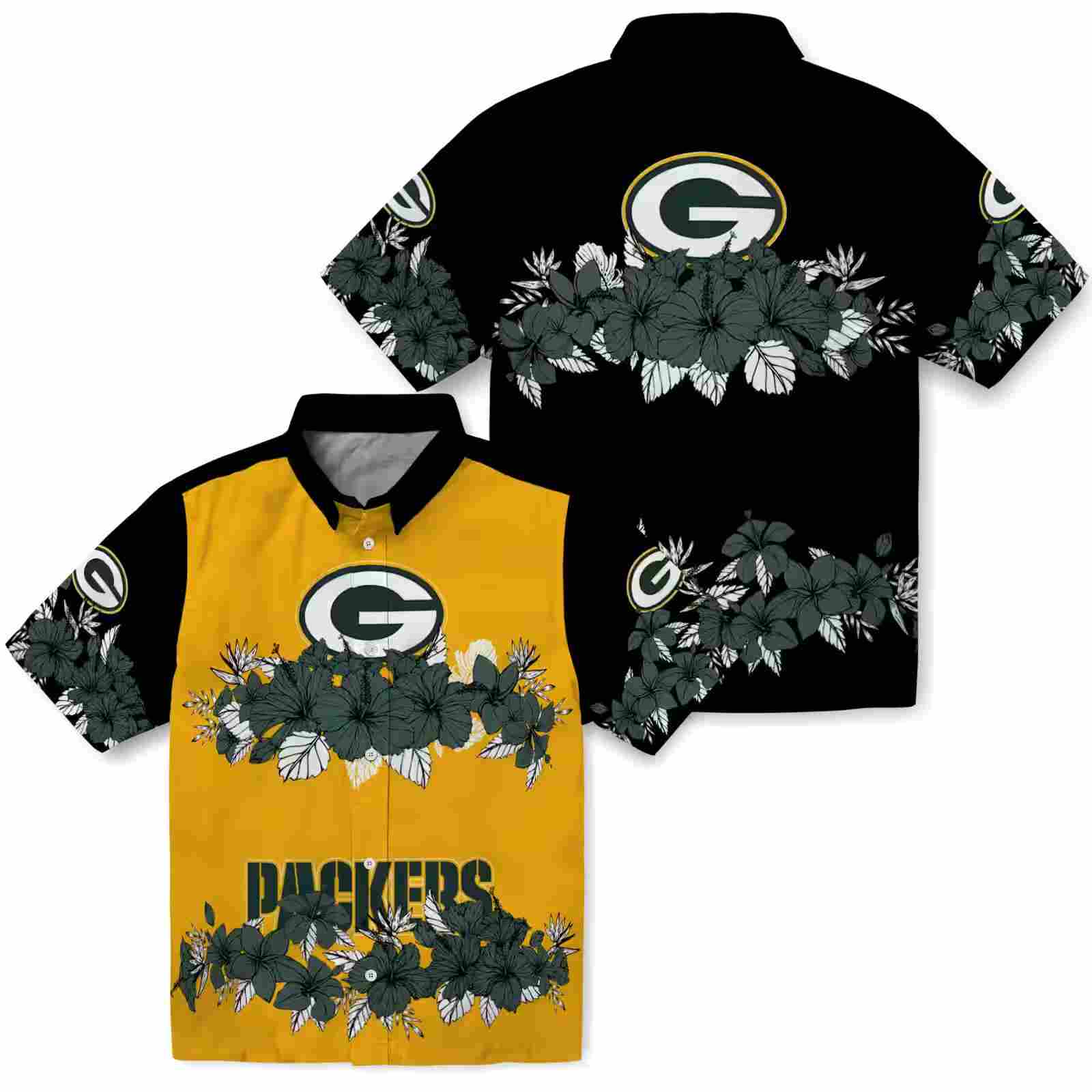 green bay packers hibiscus stripe green black hawaiian shirt high quality