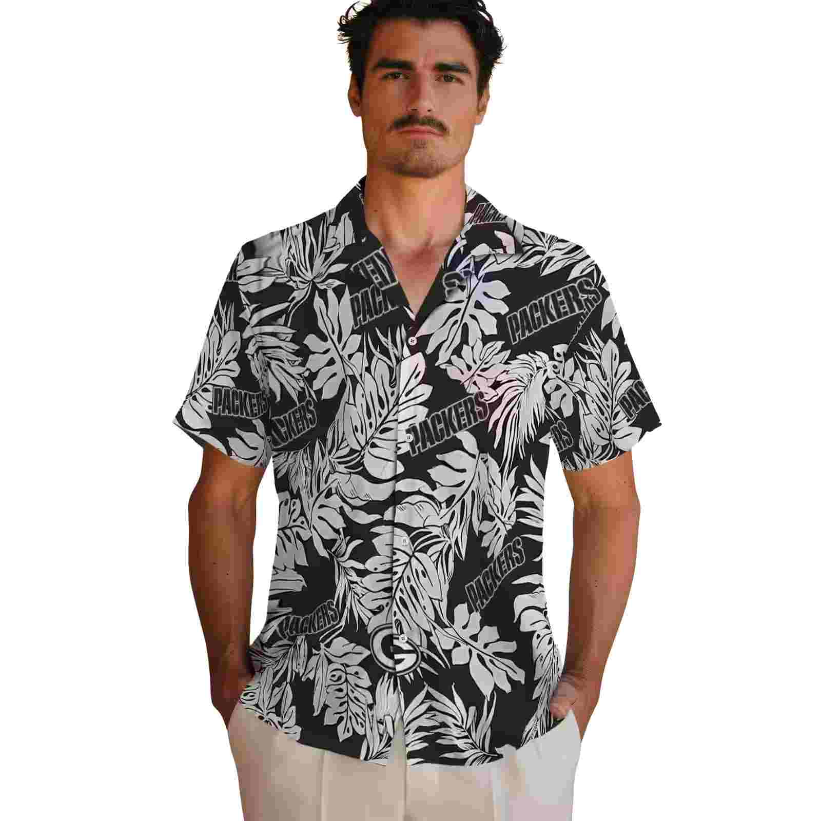 green bay packers monstera leaf pattern black hawaiian shirt fashion forward