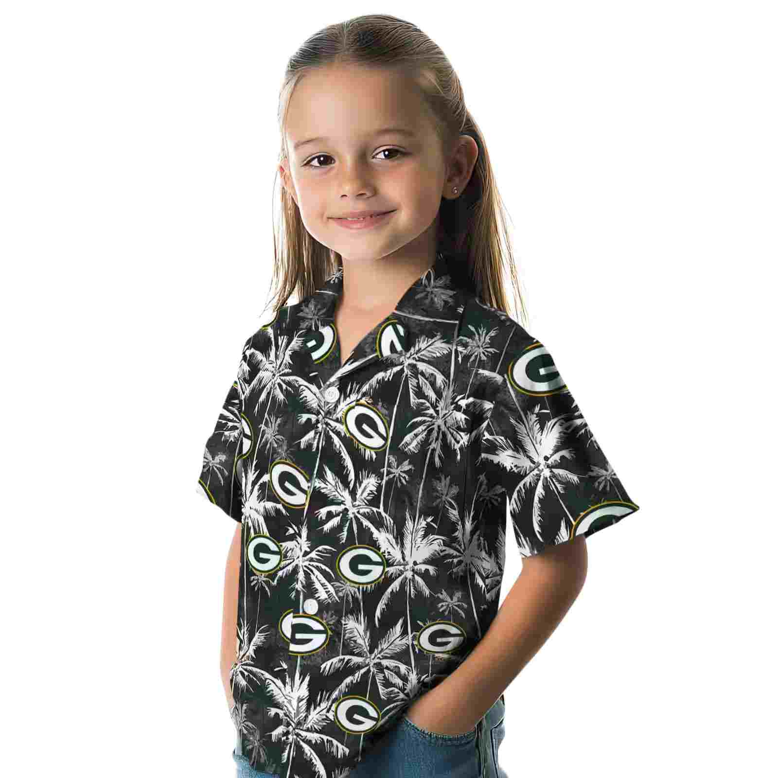 green bay packers palm pattern green black hawaiian shirt premium grade