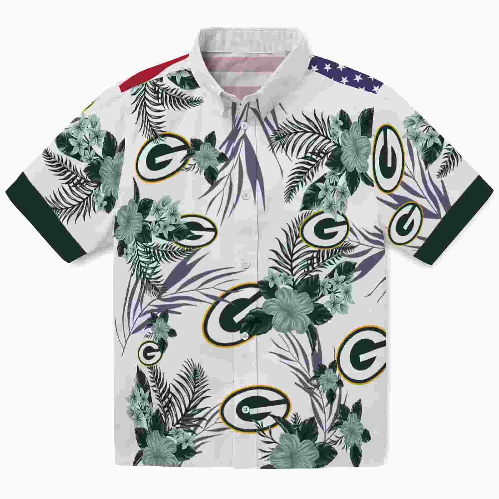 Green Bay Packers Patriotic Hibiscus Design Green White Hawaiian Shirt