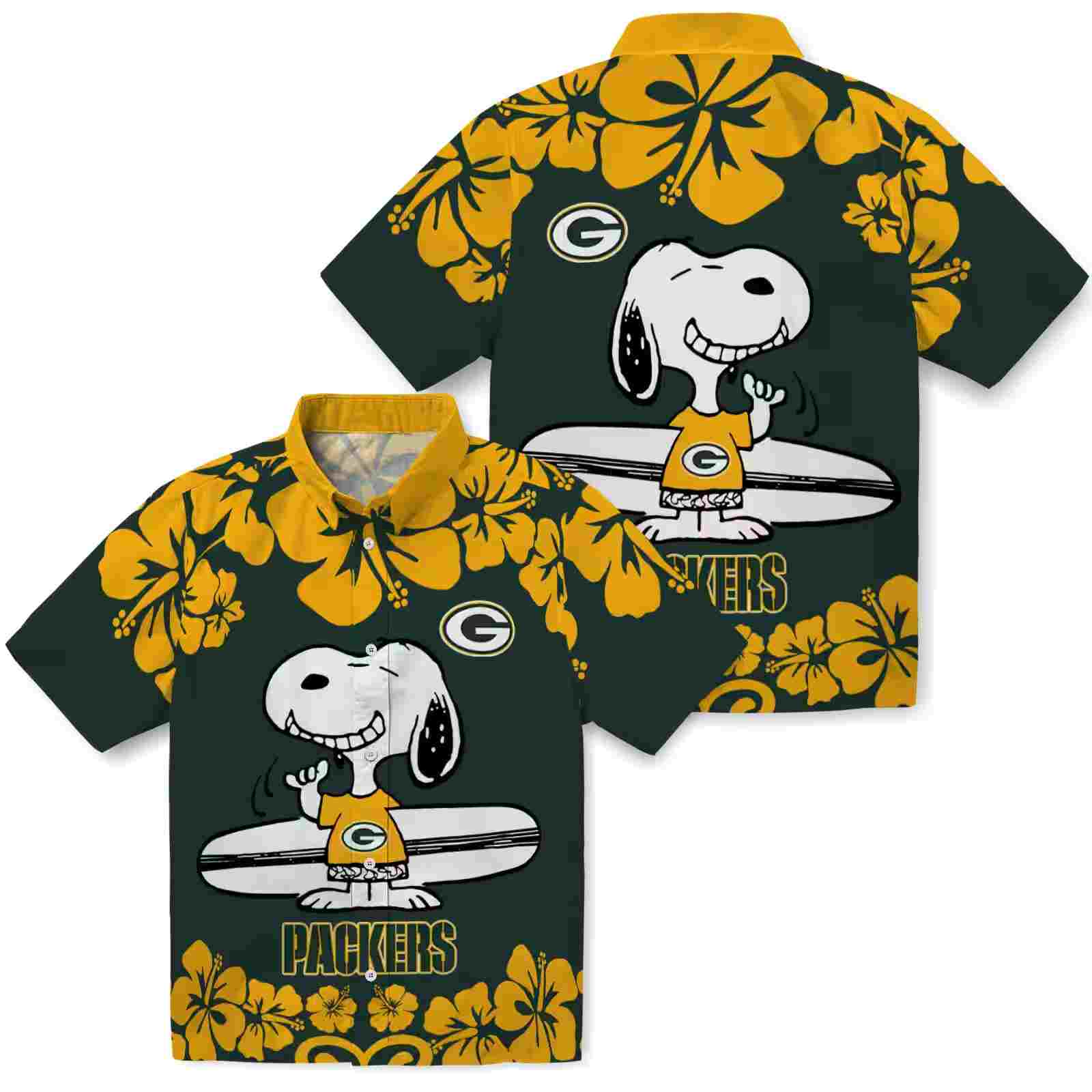 green bay packers snoopy surf green white hawaiian shirt high quality