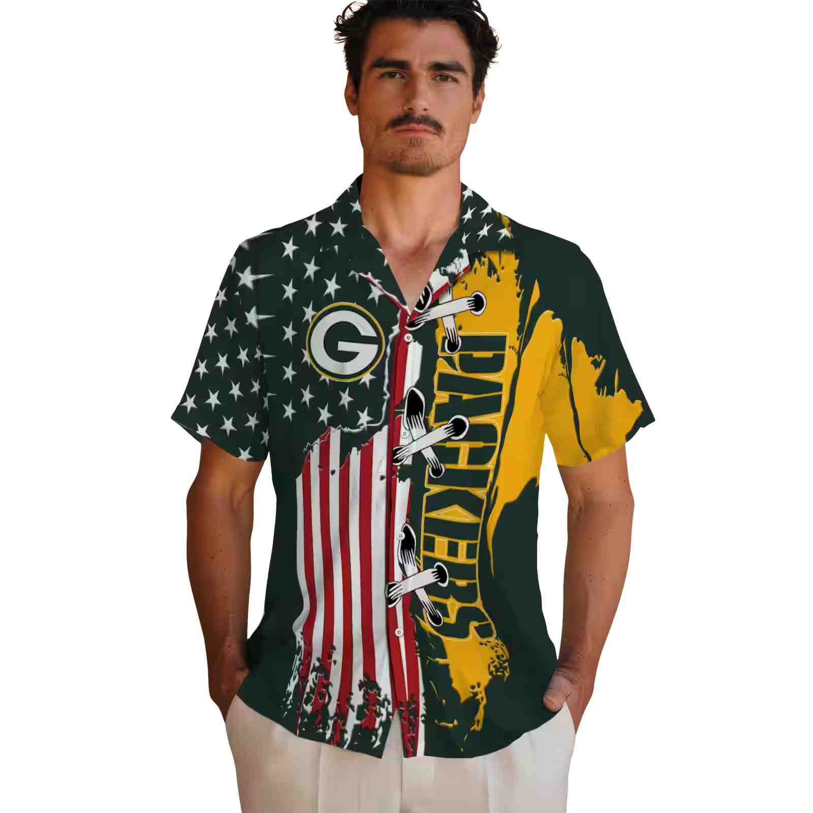 green bay packers stitched flag green hawaiian shirt fashion forward