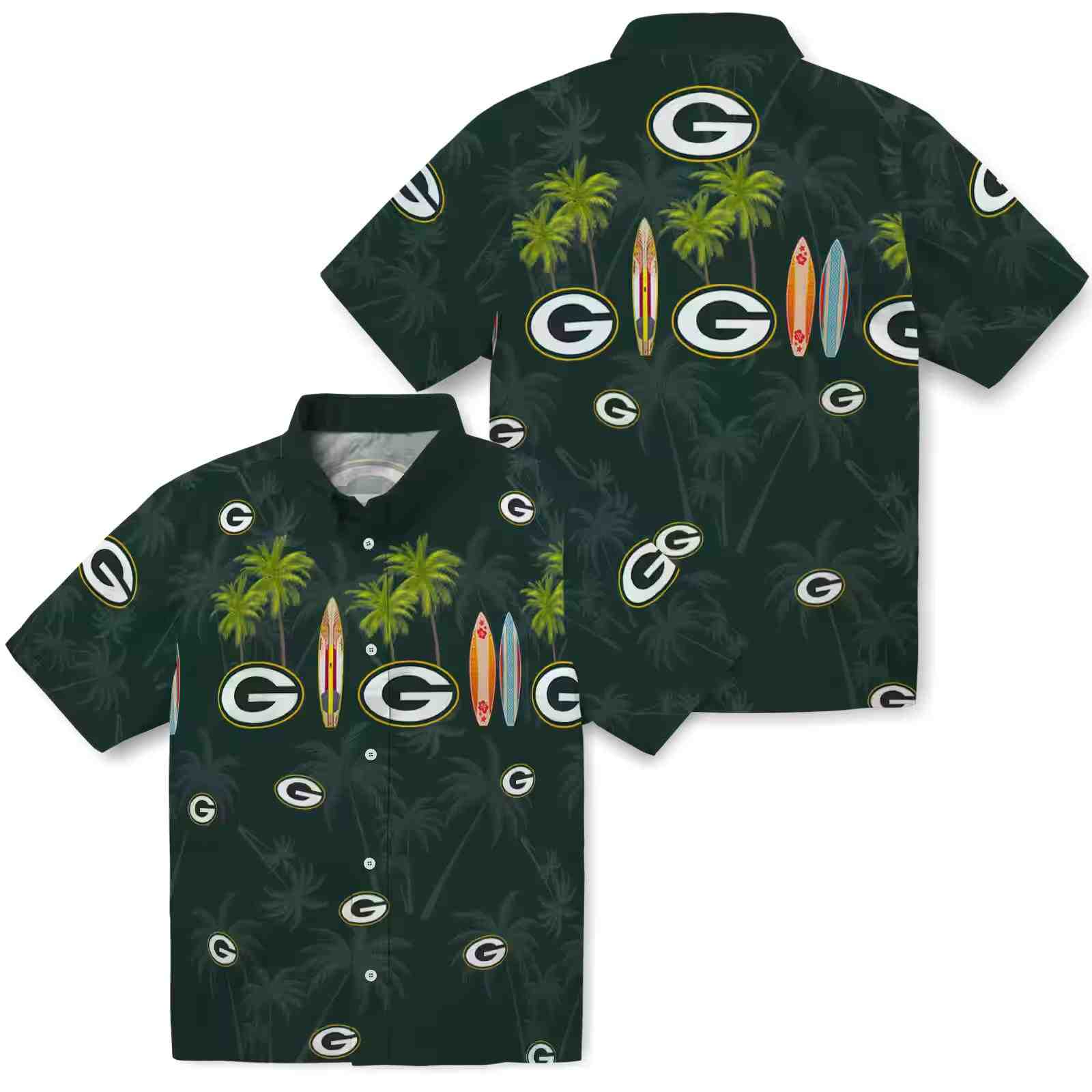 green bay packers surfboard palm green hawaiian shirt high quality