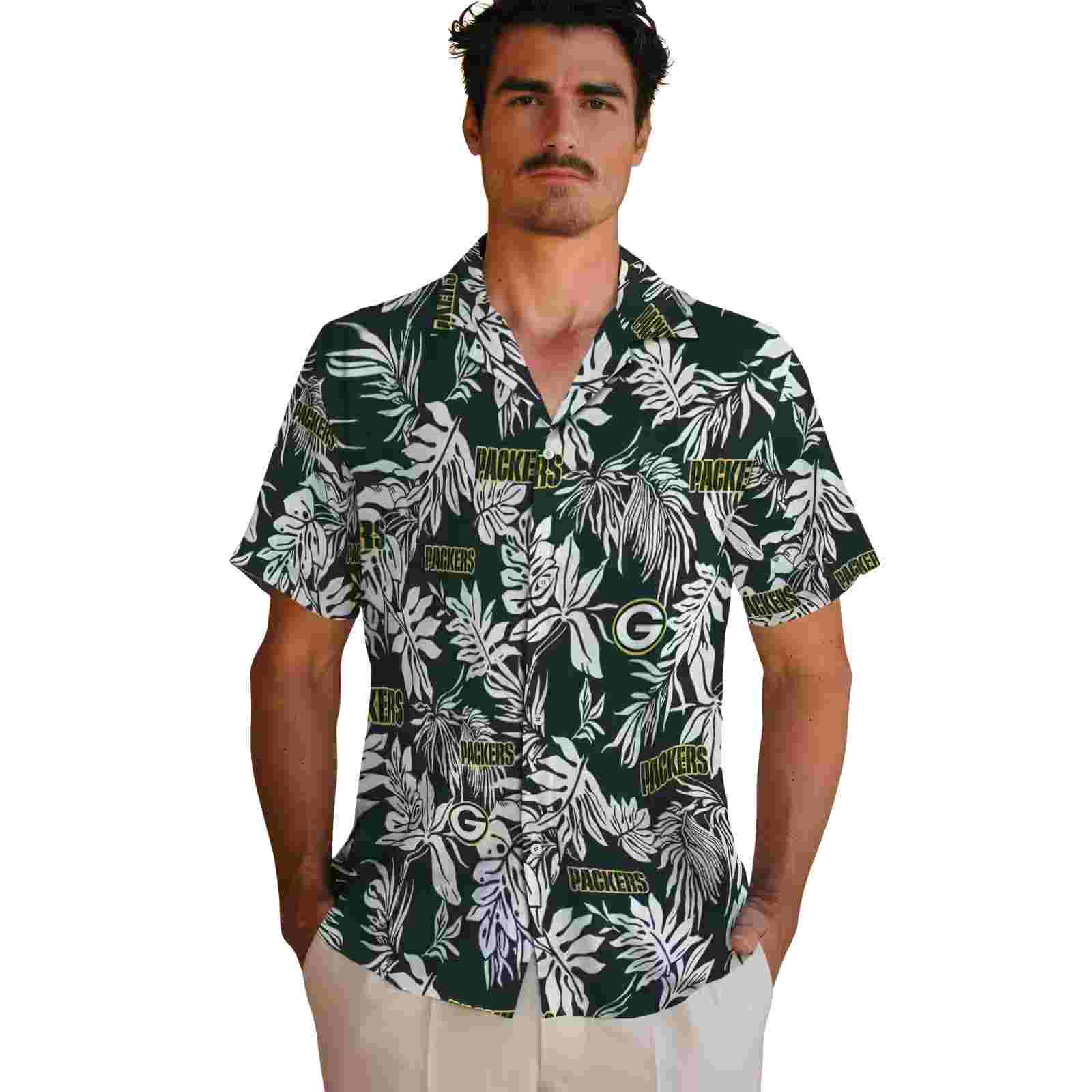 green bay packers tropical leaf green white hawaiian shirt fashion forward