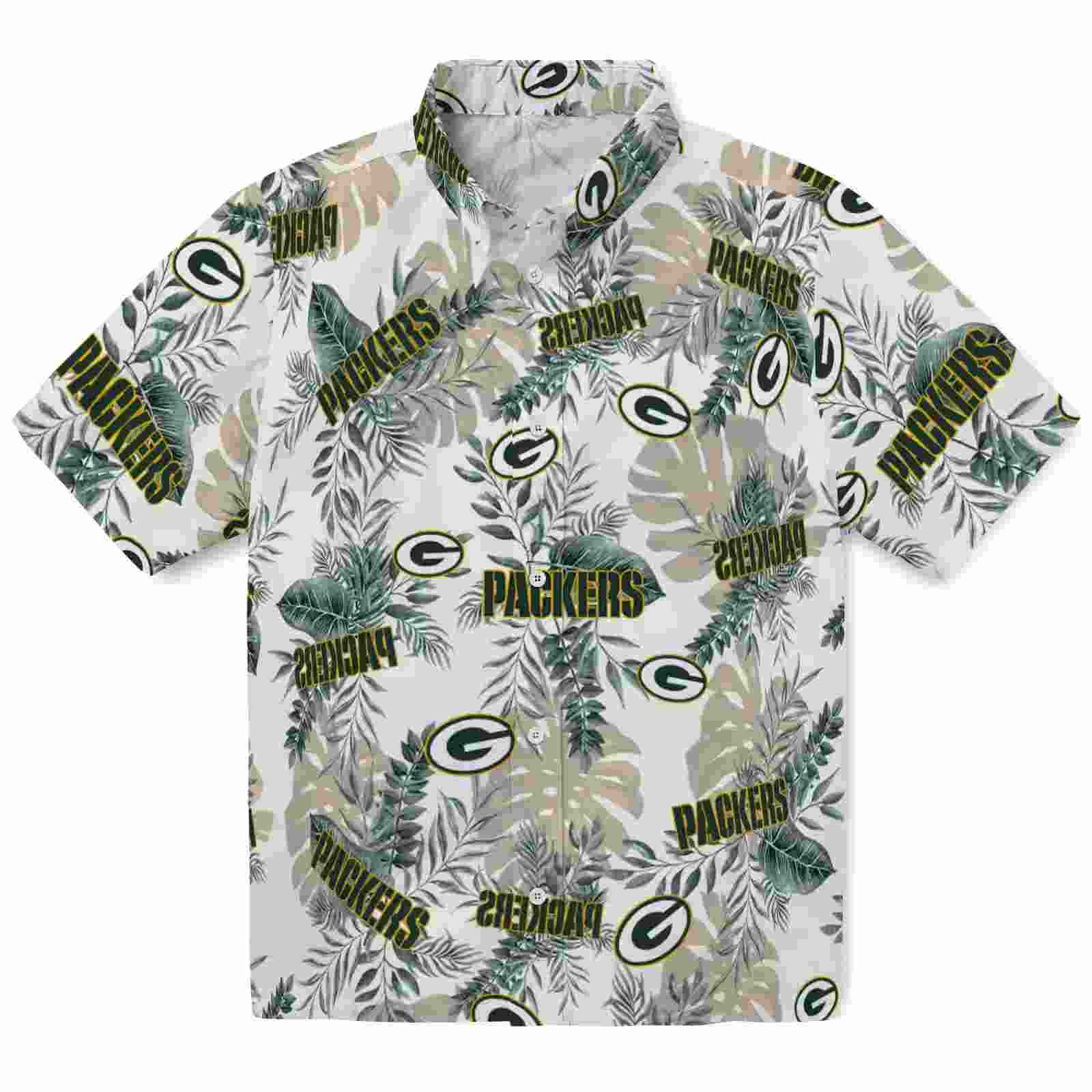 Green Bay Packers Tropical Leaves White Hawaiian Shirt