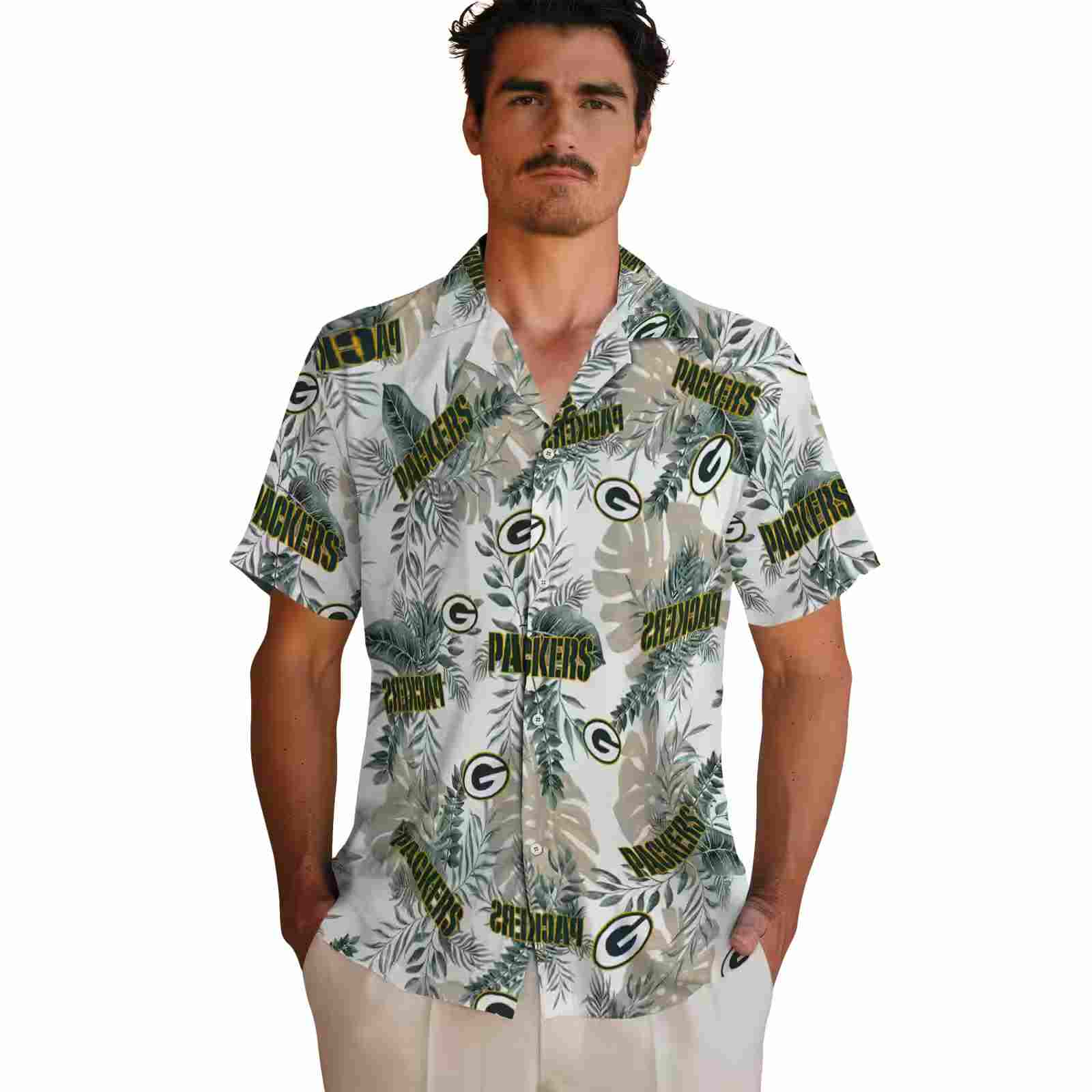 green bay packers tropical leaves white hawaiian shirt fashion forward