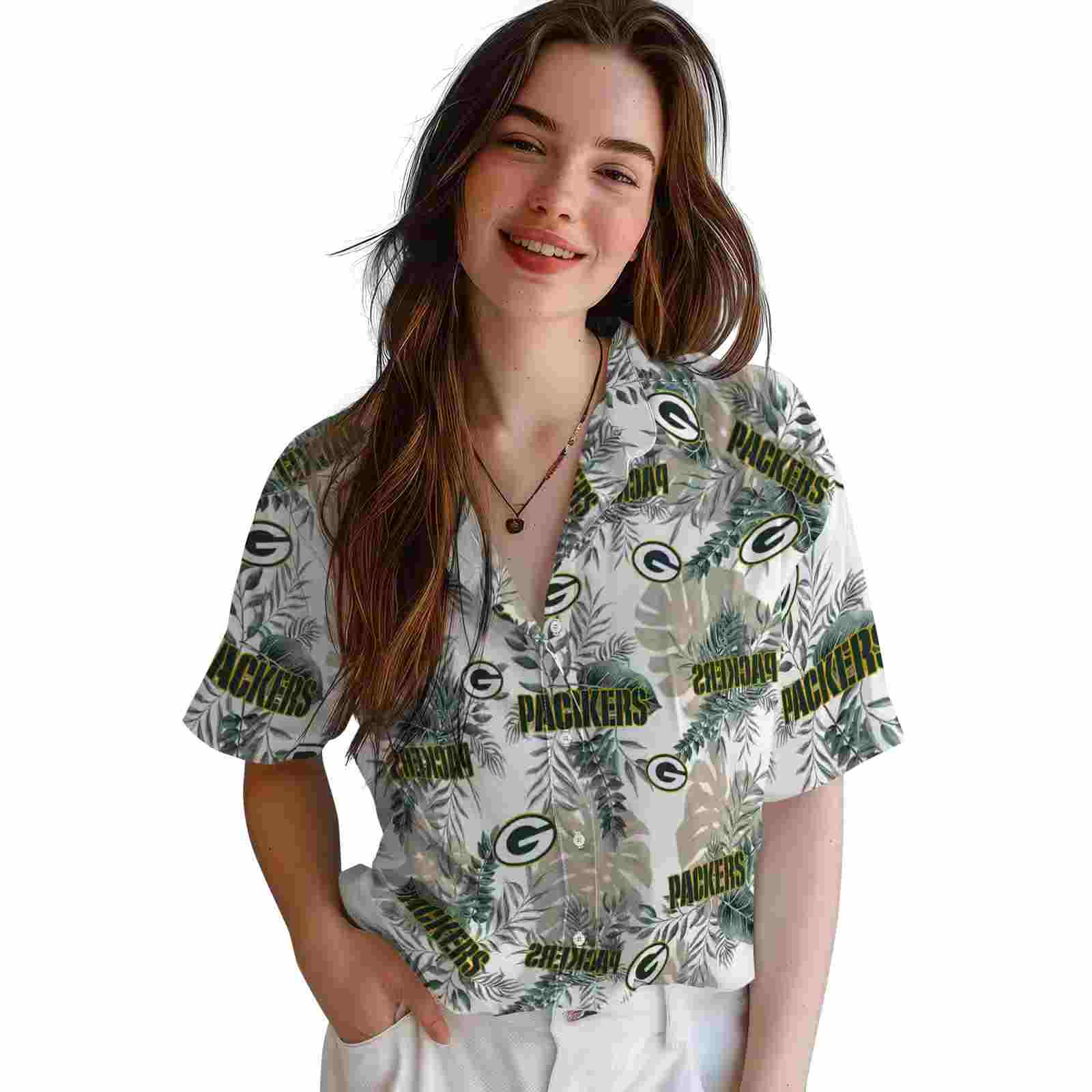 green bay packers tropical leaves white hawaiian shirt latest model