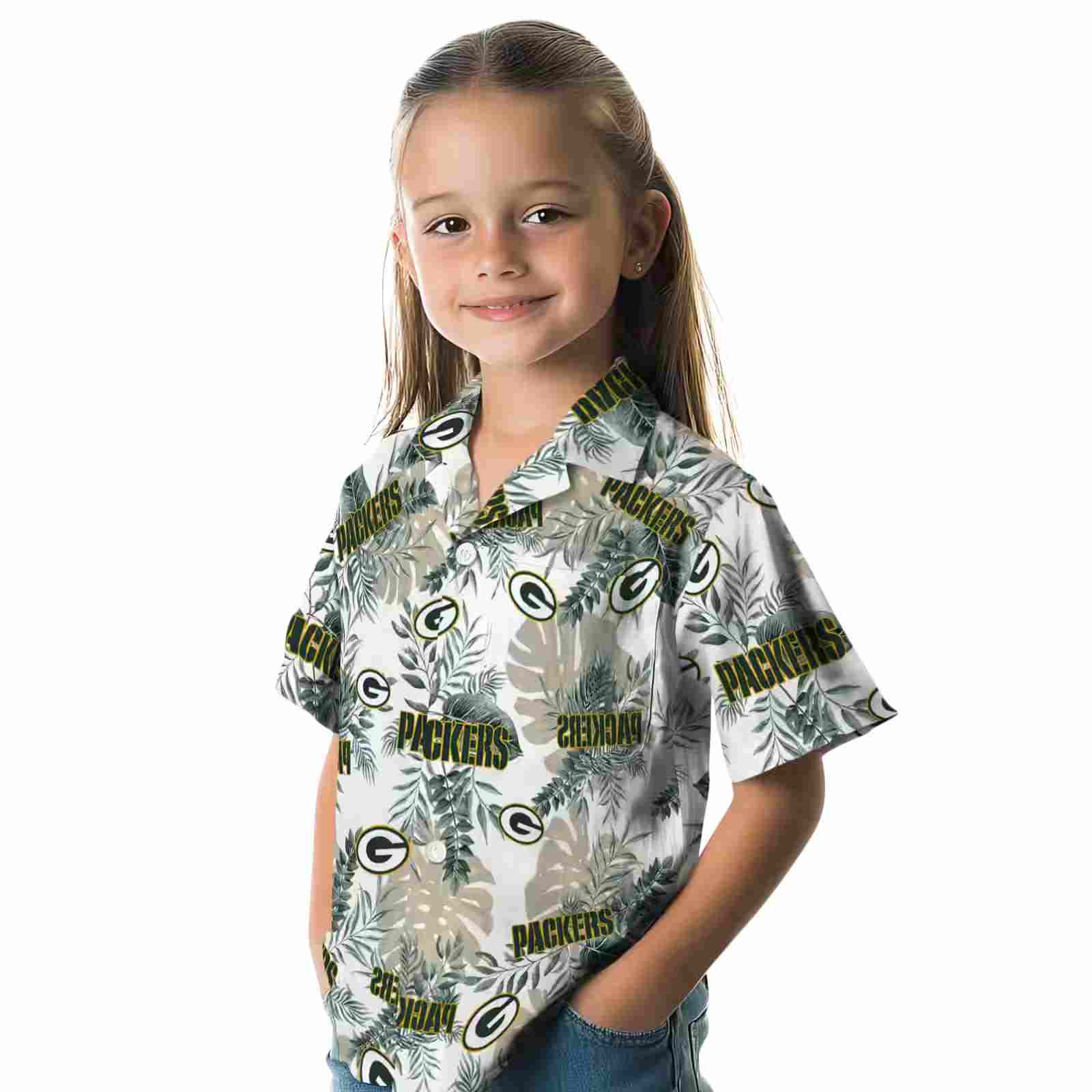 green bay packers tropical leaves white hawaiian shirt premium grade