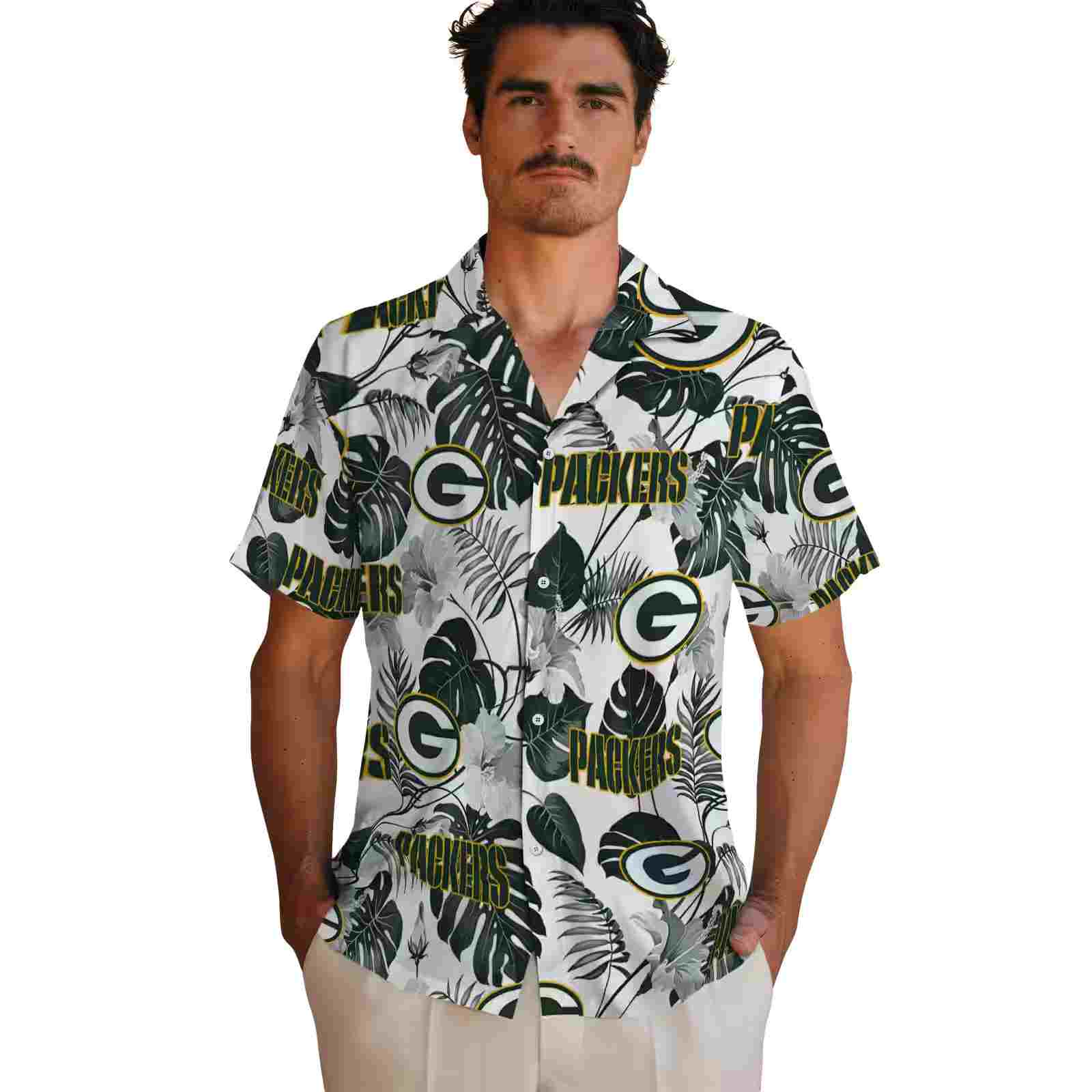 green bay packers tropical plants green white hawaiian shirt fashion forward