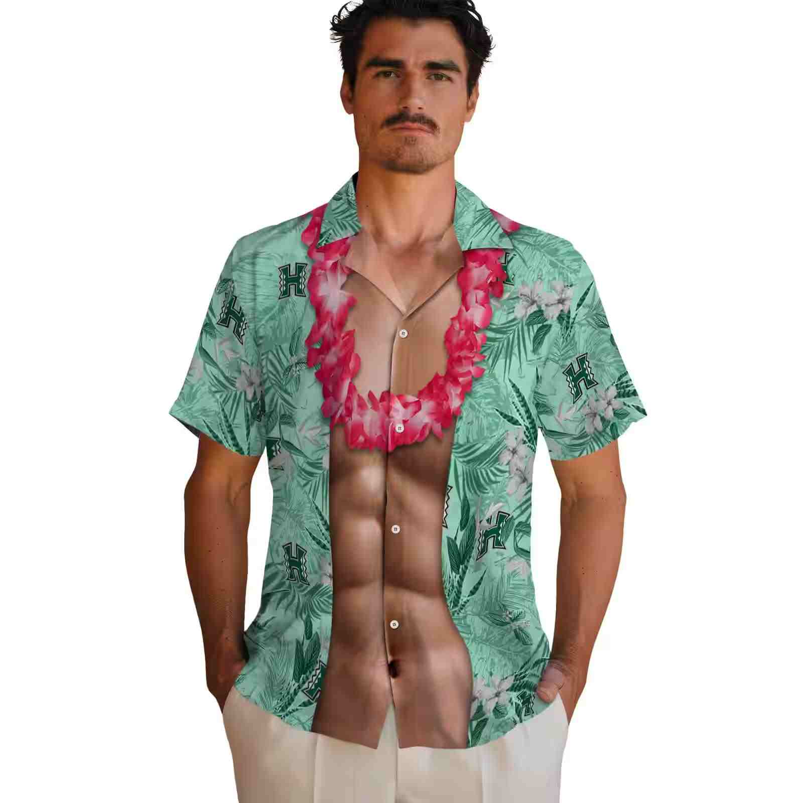 hawaii rainbow warriors chest illusion green hawaiian shirt fashion forward