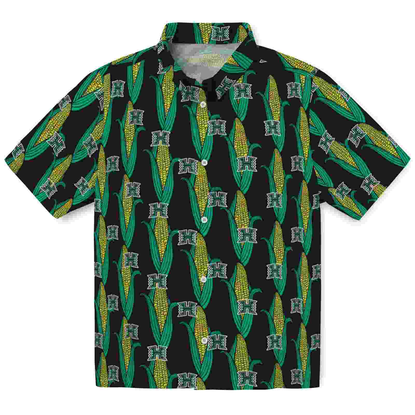 Hawaii Rainbow Warriors Corn Motifs Black Green Hawaiian Shirt