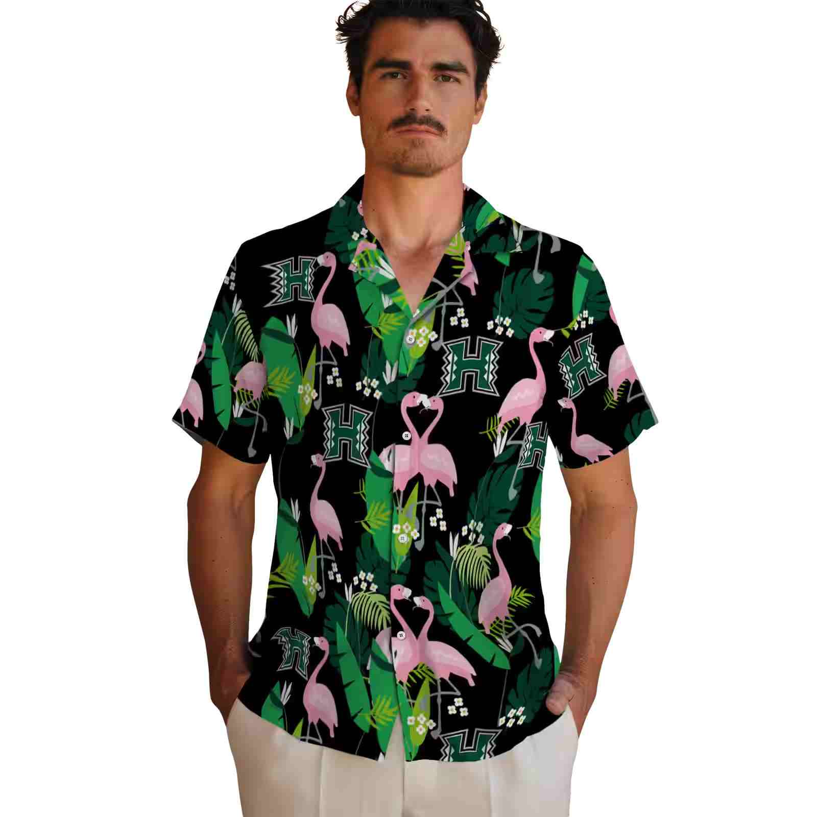 hawaii rainbow warriors flamingo foliage green hawaiian shirt fashion forward