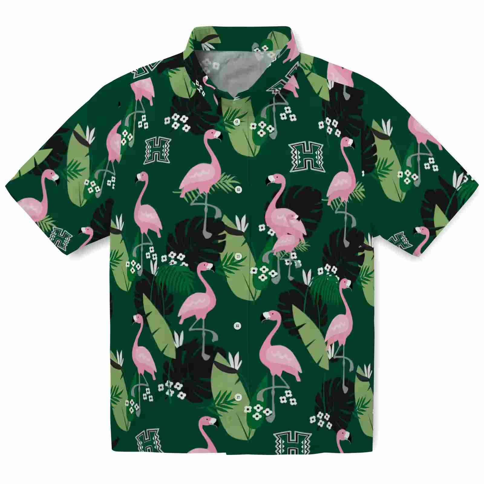 Hawaii Rainbow Warriors Flamingo Leaf Motif Green Hawaiian Shirt