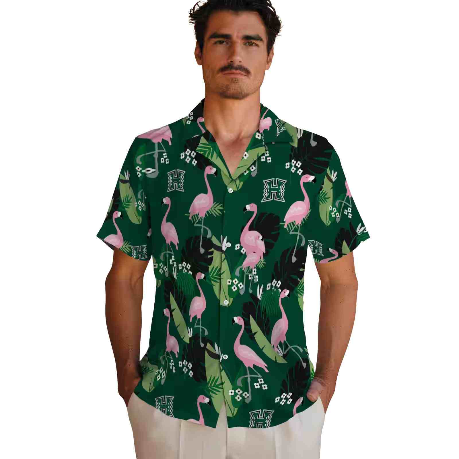 hawaii rainbow warriors flamingo leaf motif green hawaiian shirt fashion forward