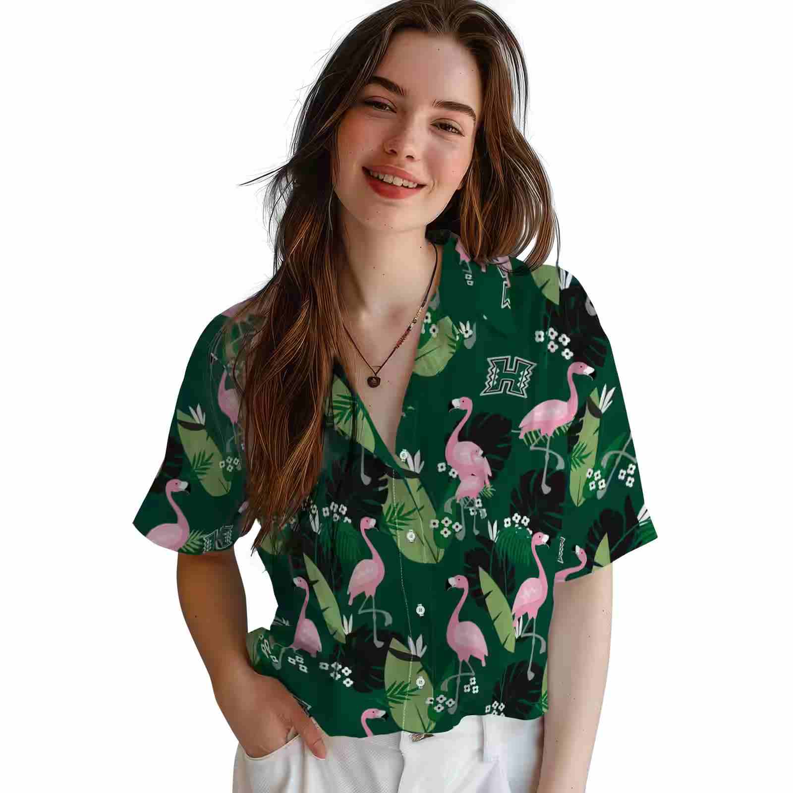 hawaii rainbow warriors flamingo leaf motif green hawaiian shirt latest model