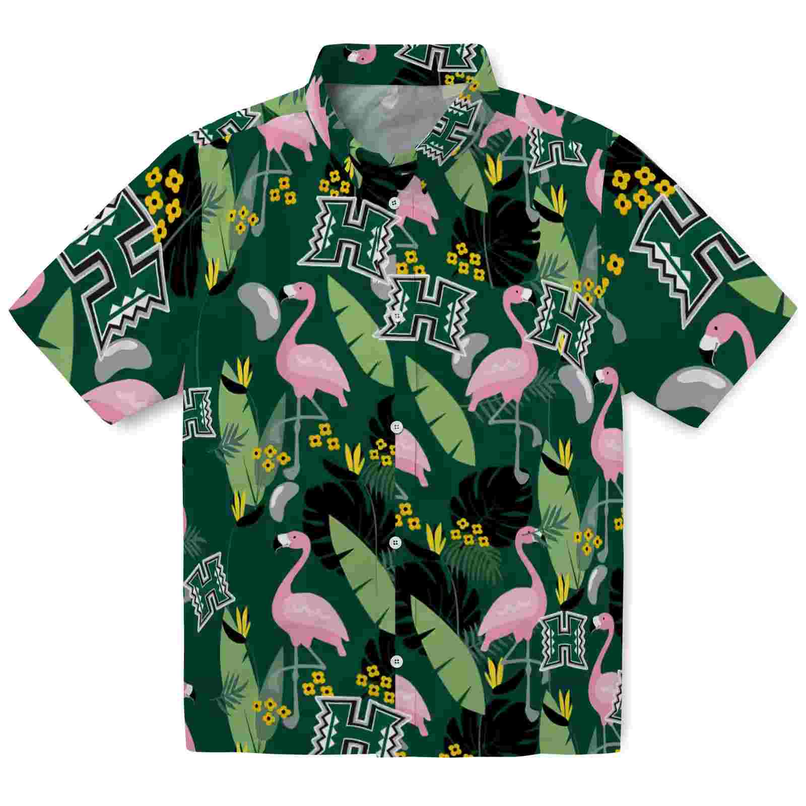 Hawaii Rainbow Warriors Flamingo Leaves Green Hawaiian Shirt