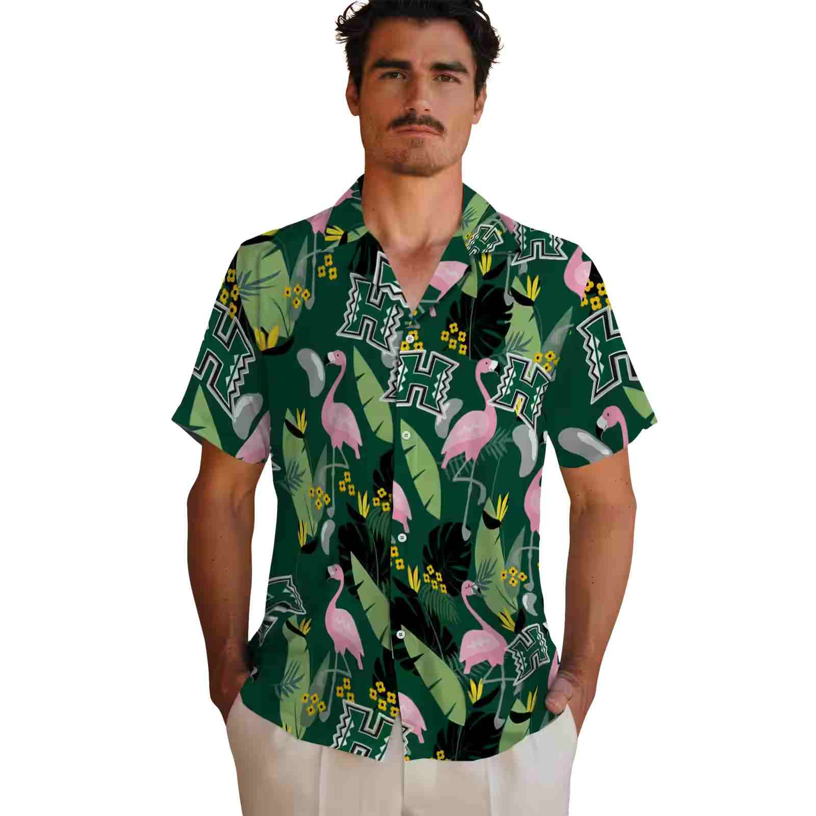 hawaii rainbow warriors flamingo leaves green hawaiian shirt fashion forward