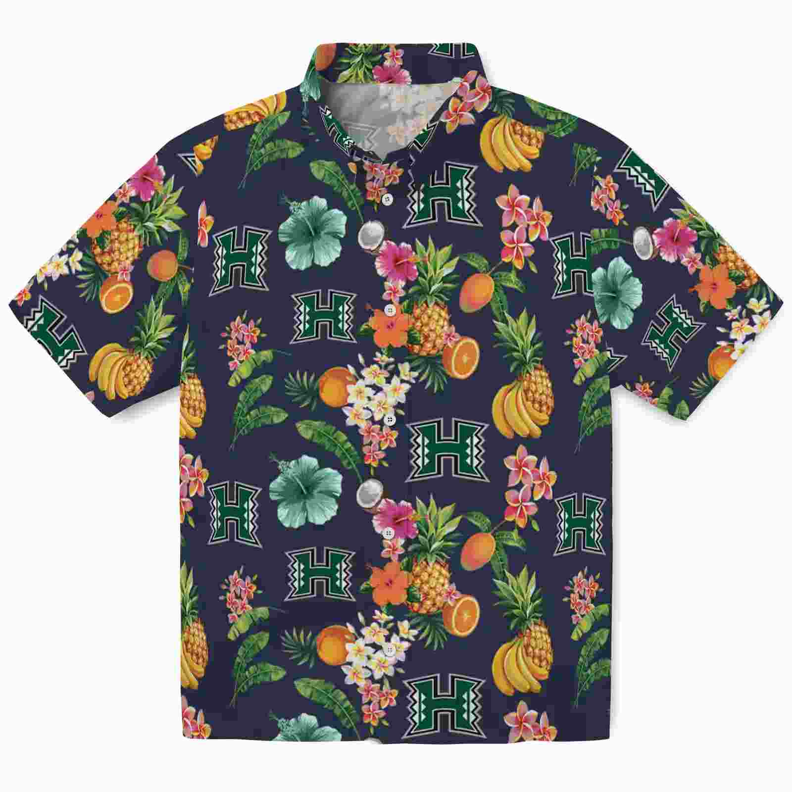 Hawaii Rainbow Warriors Hibiscus And Fruit Navy Blue Hawaiian Shirt