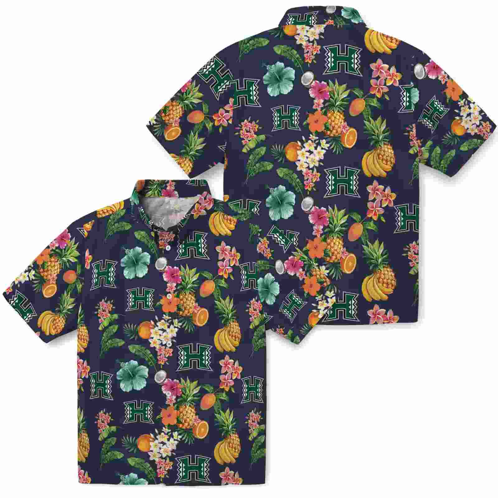 hawaii rainbow warriors hibiscus and fruit navy blue hawaiian shirt high quality