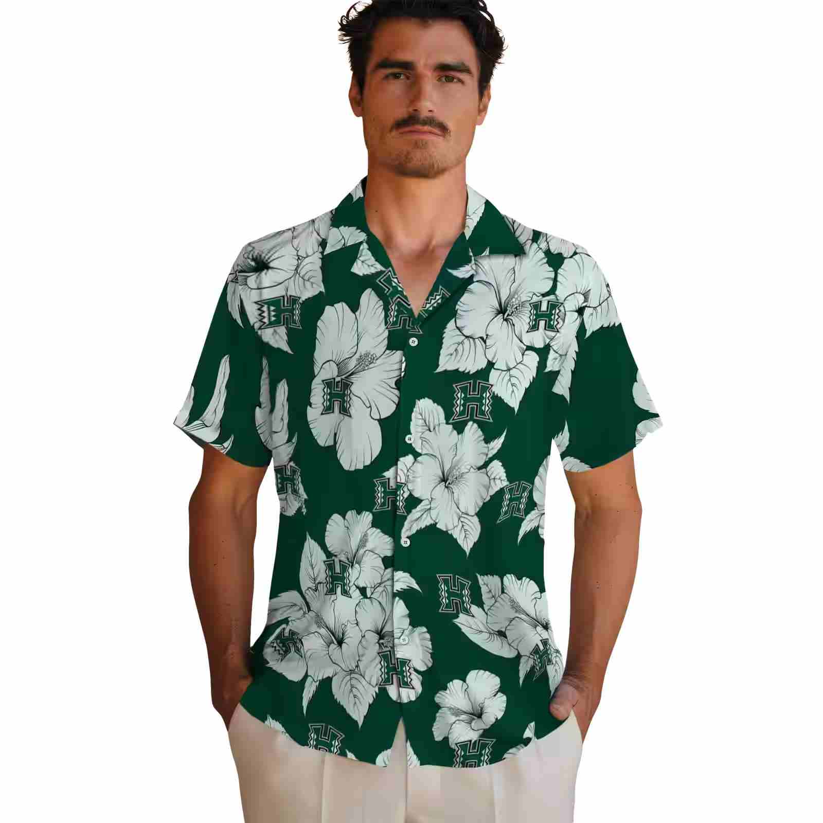 hawaii rainbow warriors hibiscus blooms green white hawaiian shirt fashion forward