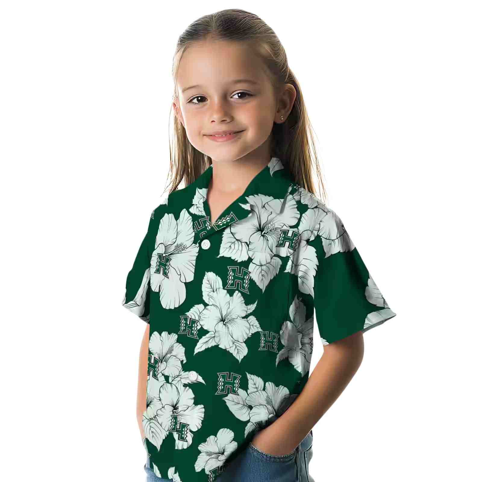 hawaii rainbow warriors hibiscus blooms green white hawaiian shirt premium grade