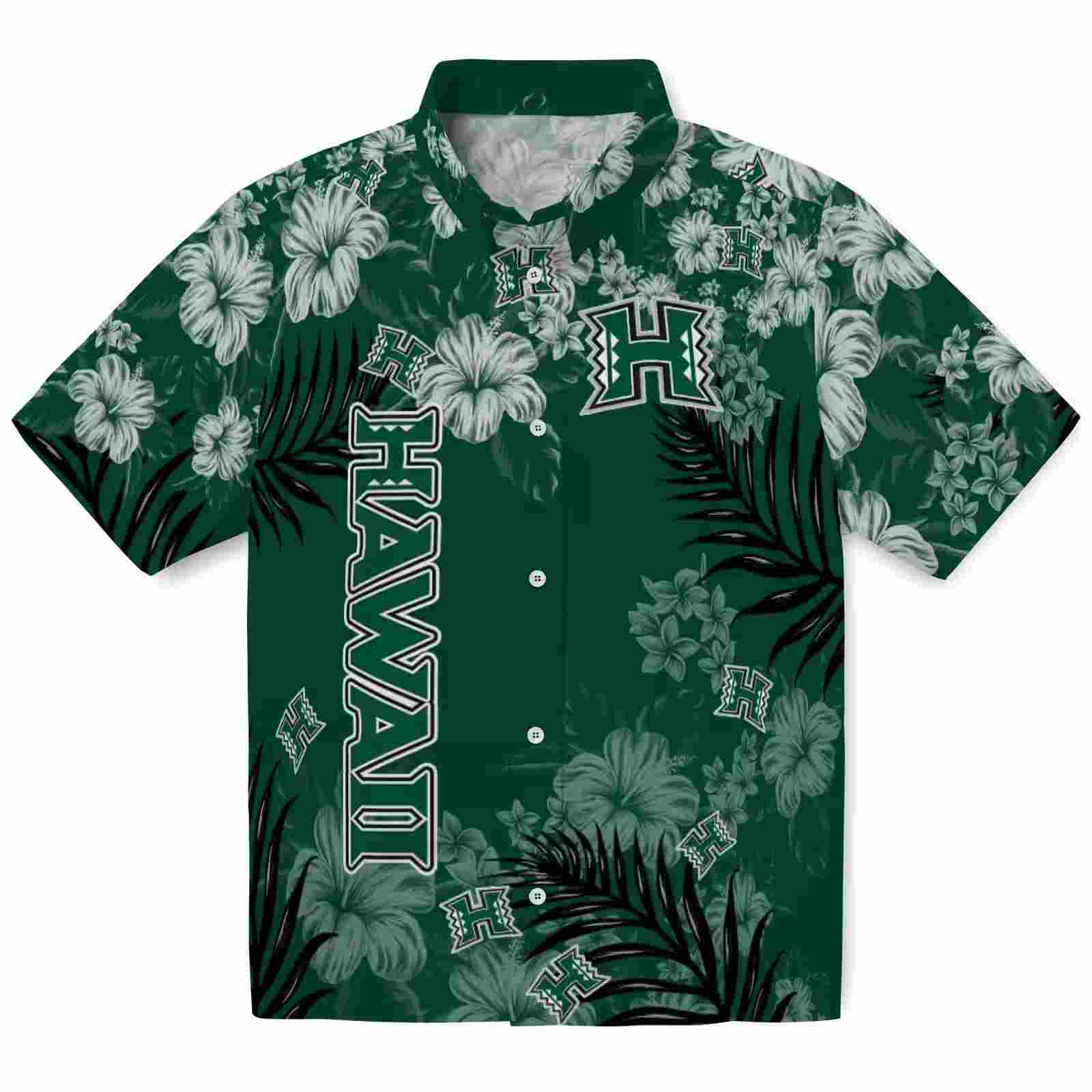 Hawaii Rainbow Warriors Hibiscus Print Green Hawaiian Shirt