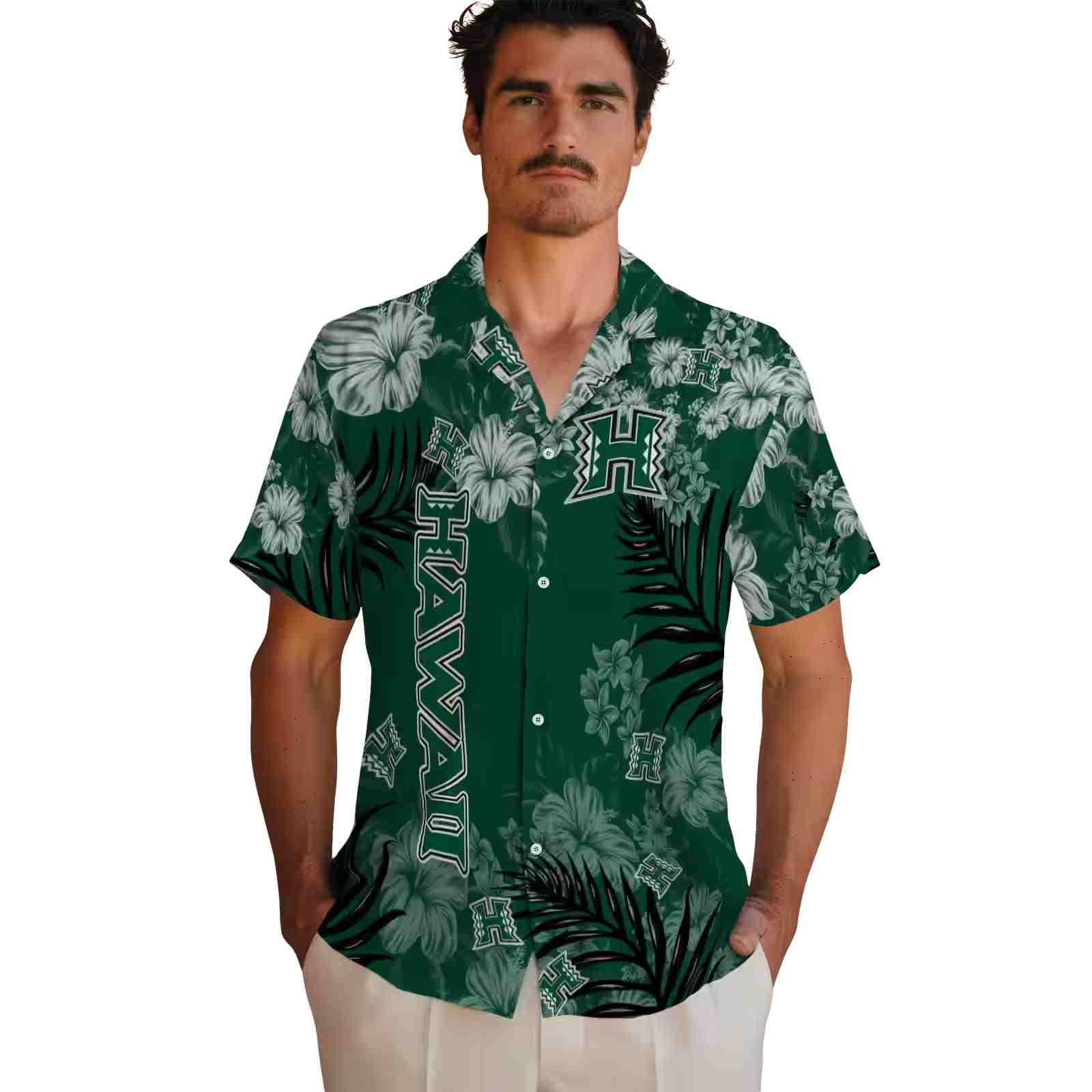 hawaii rainbow warriors hibiscus print green hawaiian shirt fashion forward