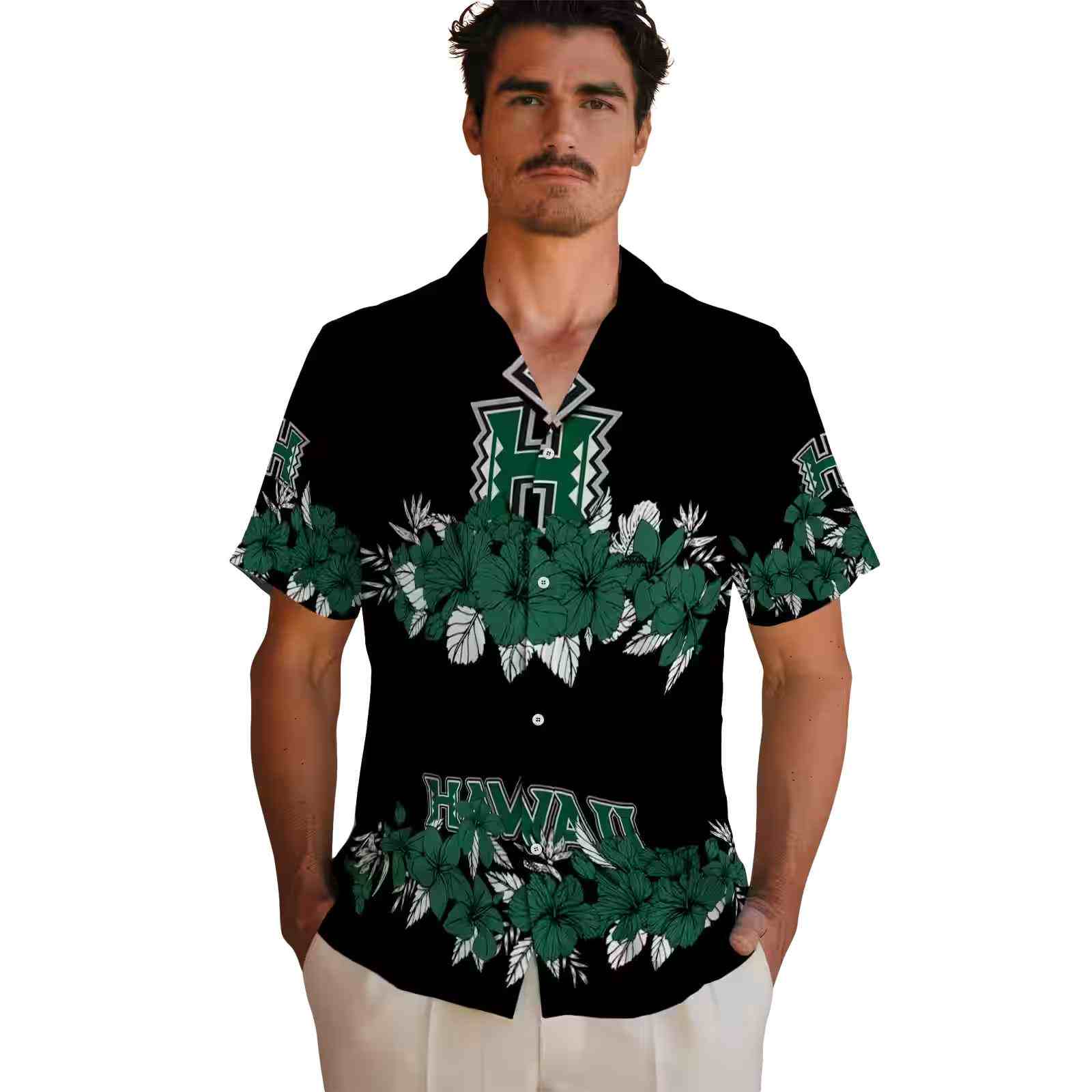 hawaii rainbow warriors hibiscus stripe green black hawaiian shirt fashion forward